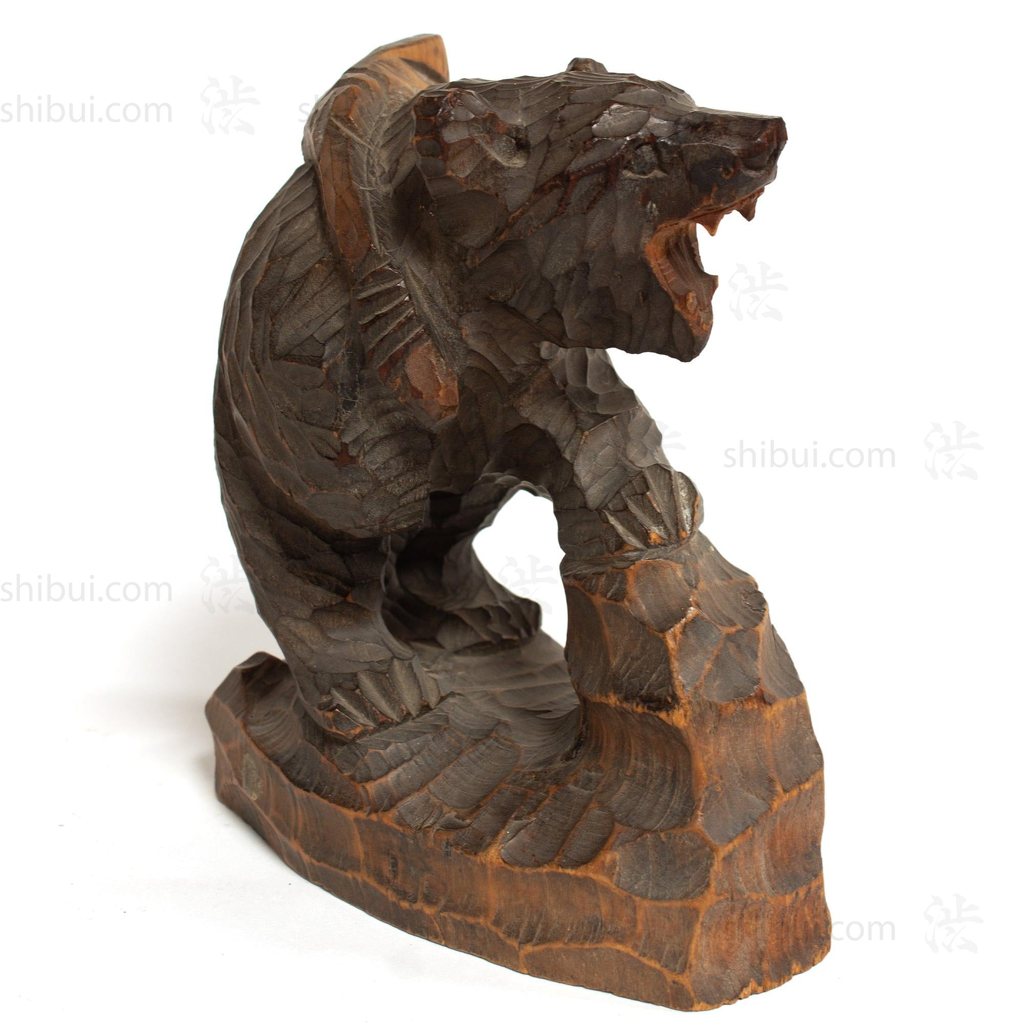 Kibori Kuma | Hand Carved Wood Bear | Japanese Hand Carved Bear with Fishing Pole and Salmon