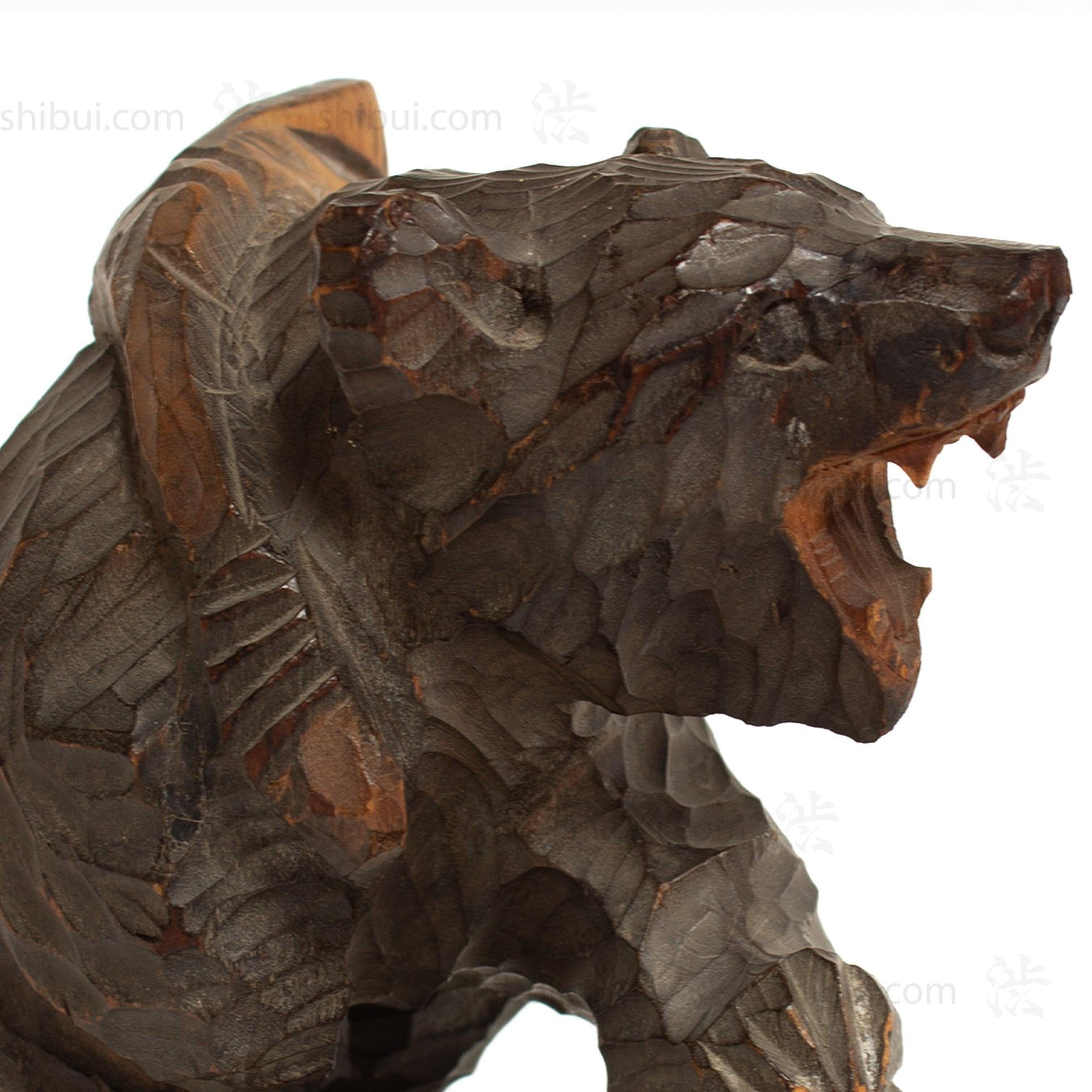 Kibori Kuma | Hand Carved Wood Bear | Japanese Hand Carved Bear with Fishing Pole and Salmon