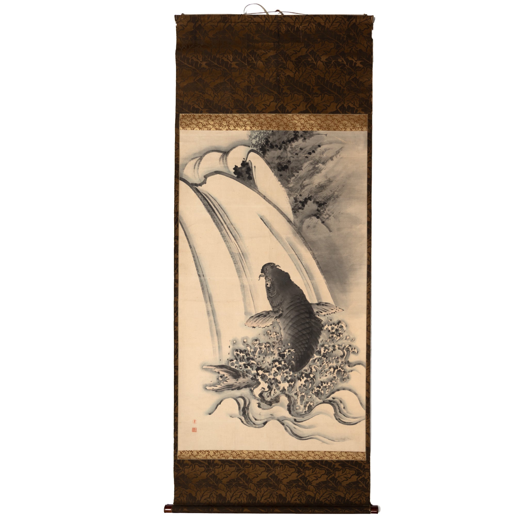 Sumi-e Koi And Waterfall Scroll