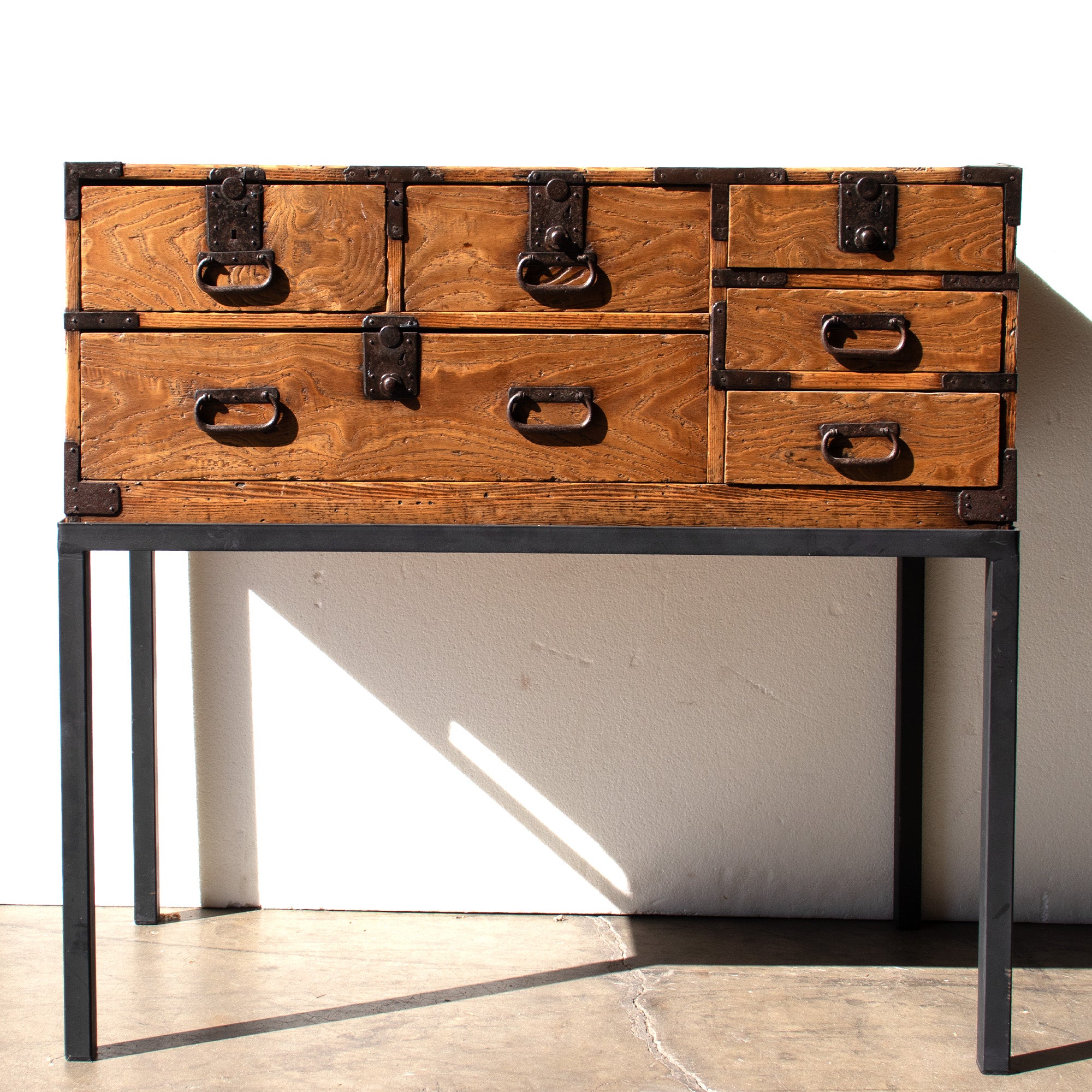 Omi Kiri Ko Dansu on Iron Base | Small Japanese Antique Tansu Personal Chest