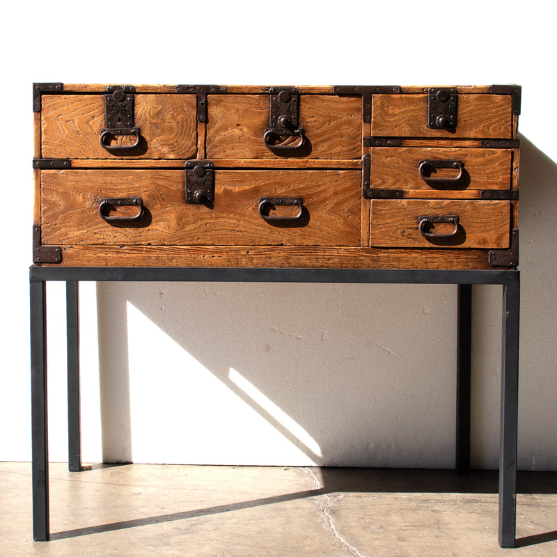 Omi Kiri Ko Dansu on Iron Base | Small Japanese Antique Tansu Personal Chest