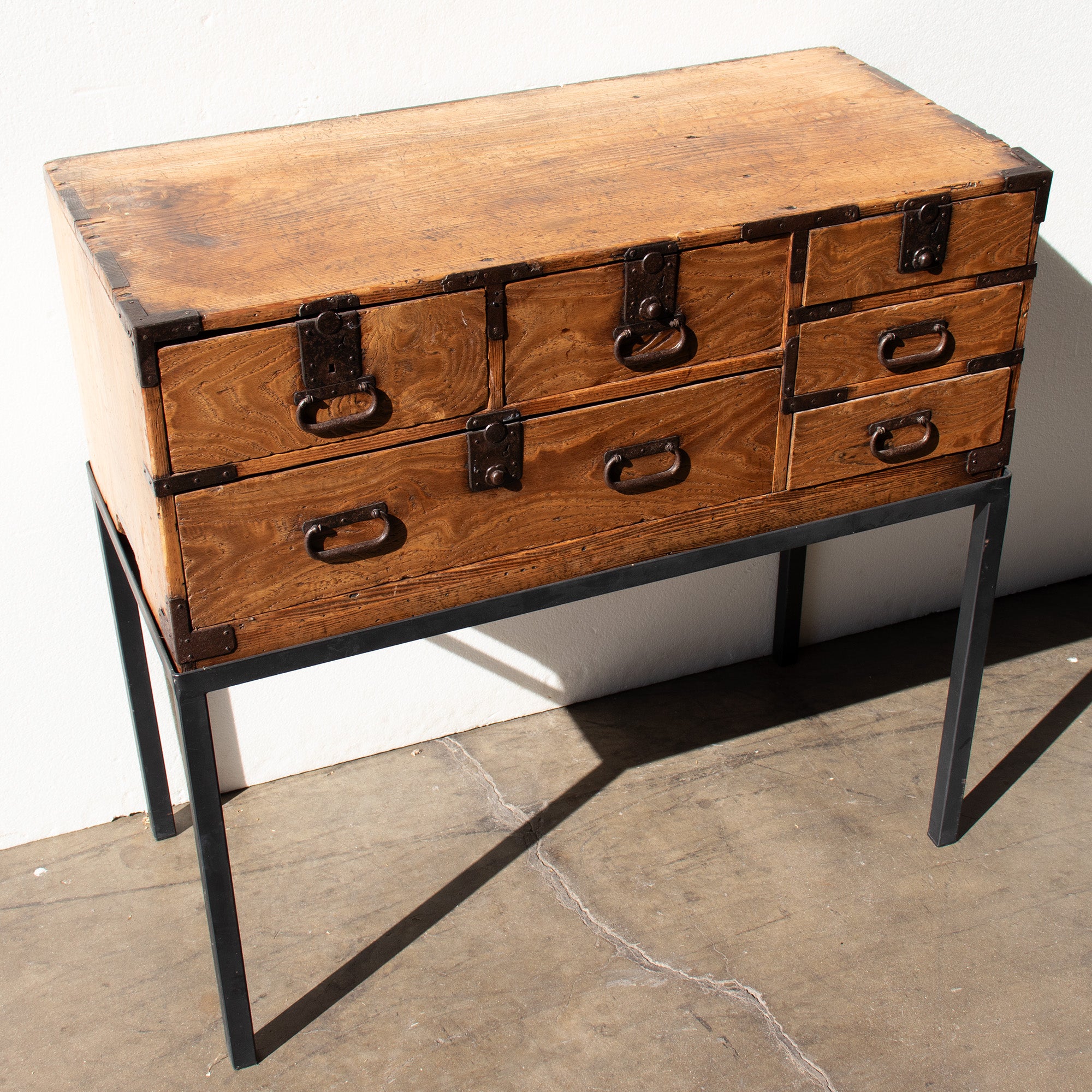 Omi Kiri Ko Dansu on Iron Base | Small Japanese Antique Tansu Personal Chest
