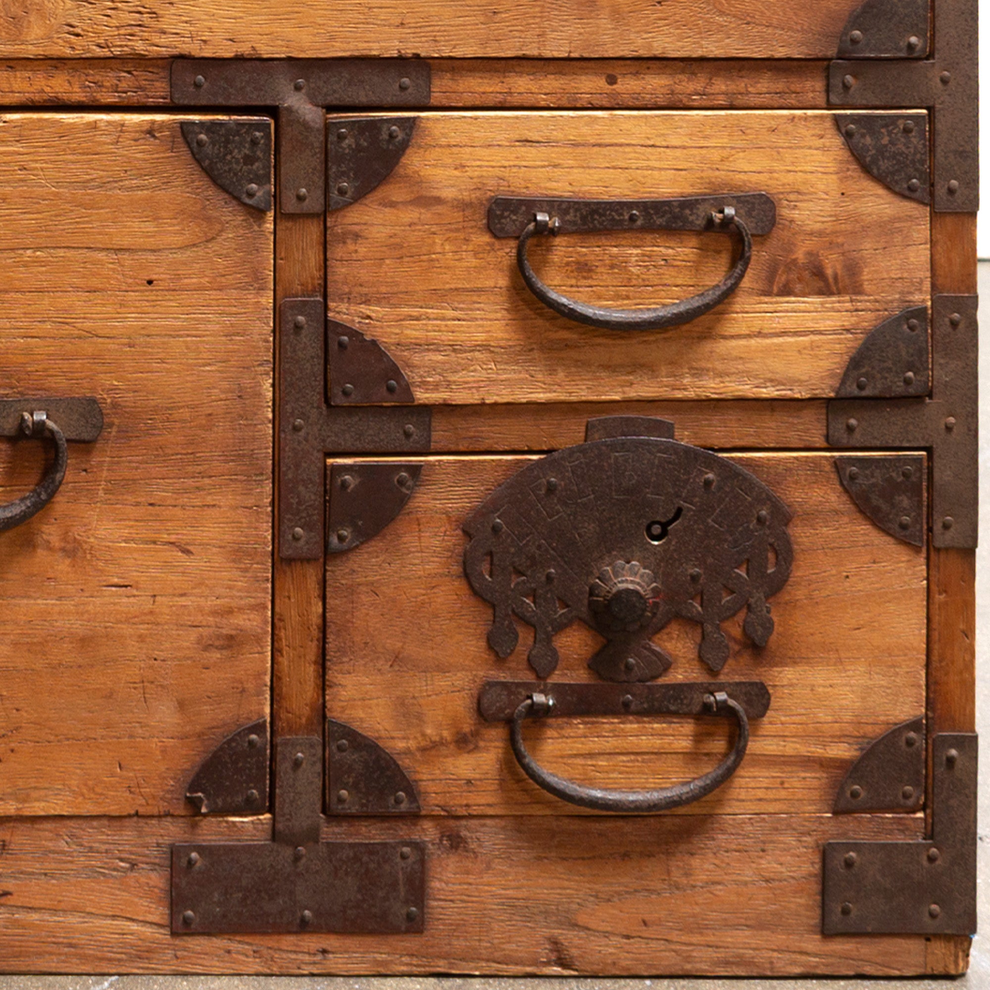Kiri Ko Dansu with Fan Lockplates | Small Japanese Antique Tansu Personal Chest