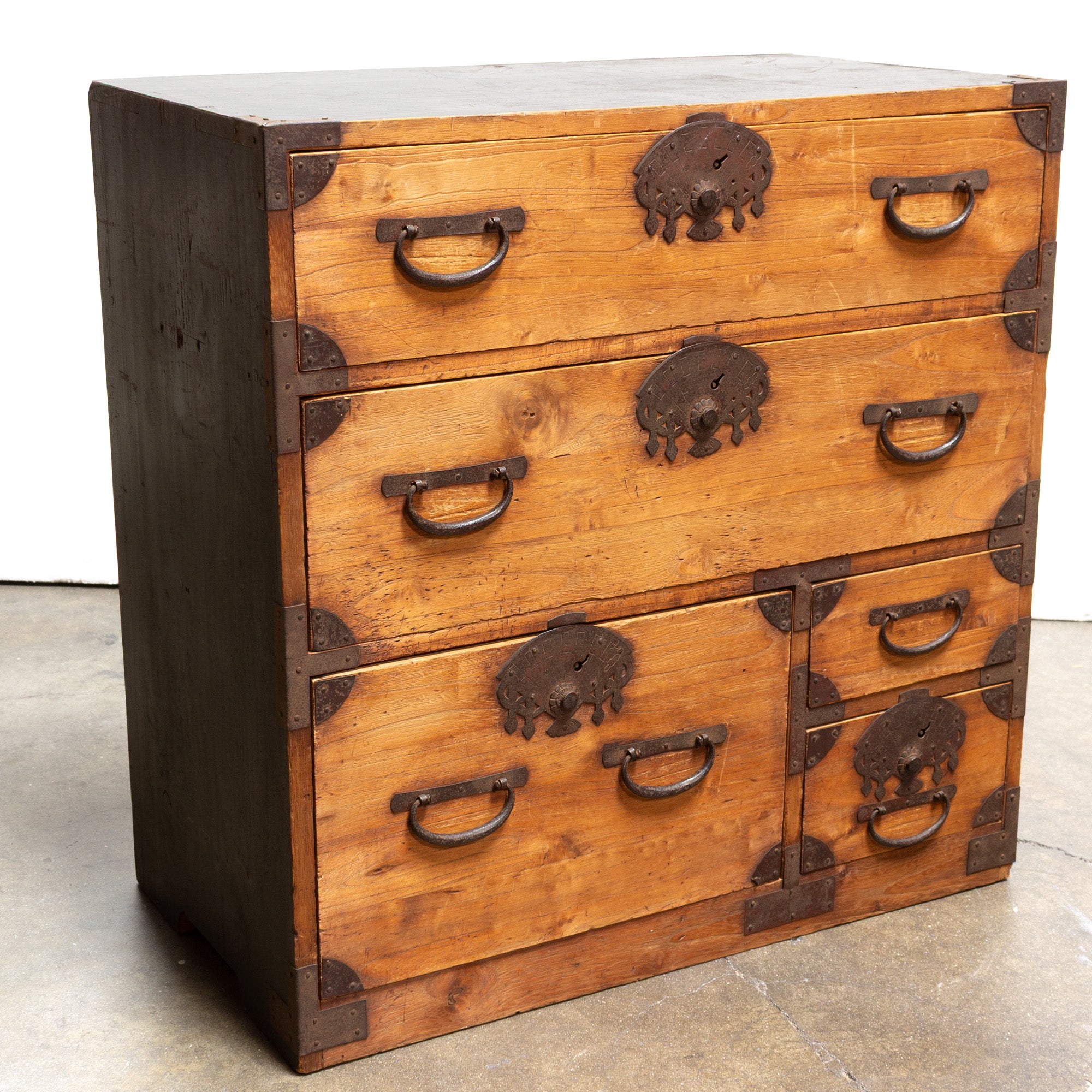 Kiri Ko Dansu with Fan Lockplates | Small Japanese Antique Tansu Personal Chest