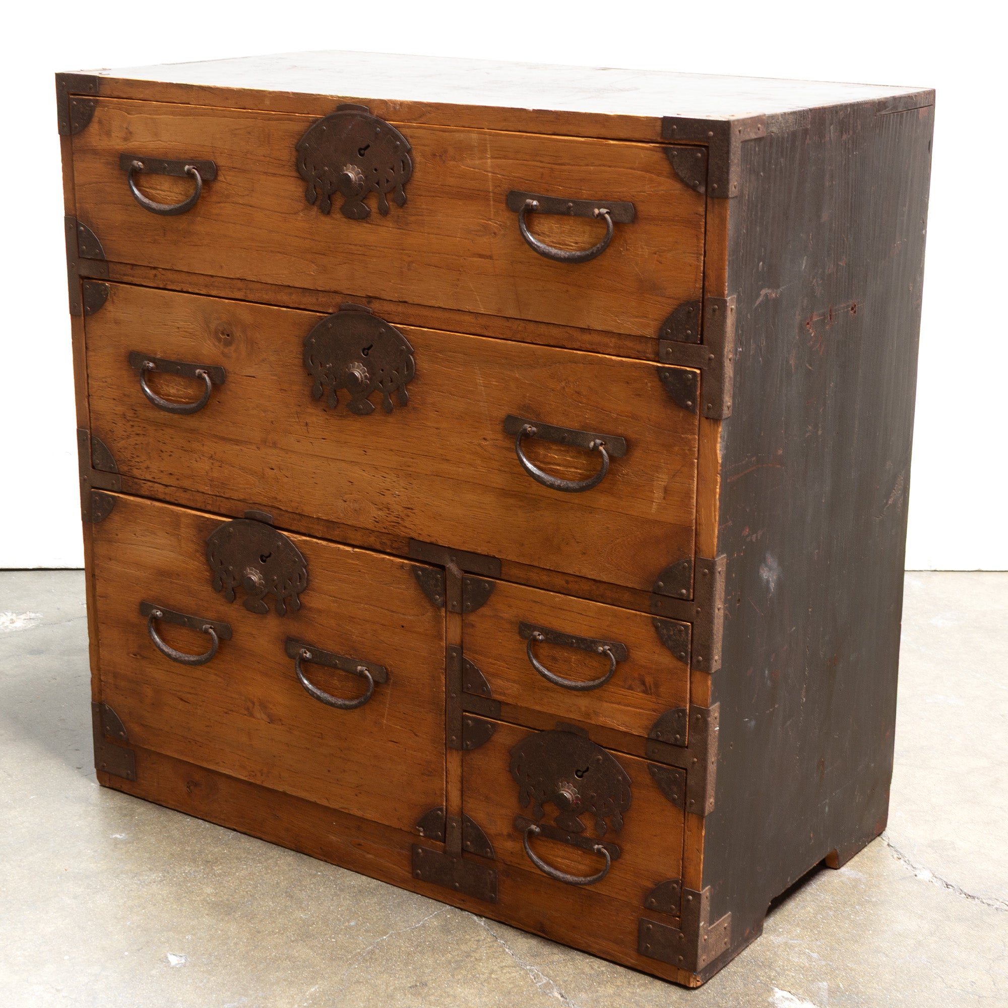 Kiri Ko Dansu with Fan Lockplates | Small Japanese Antique Tansu Personal Chest