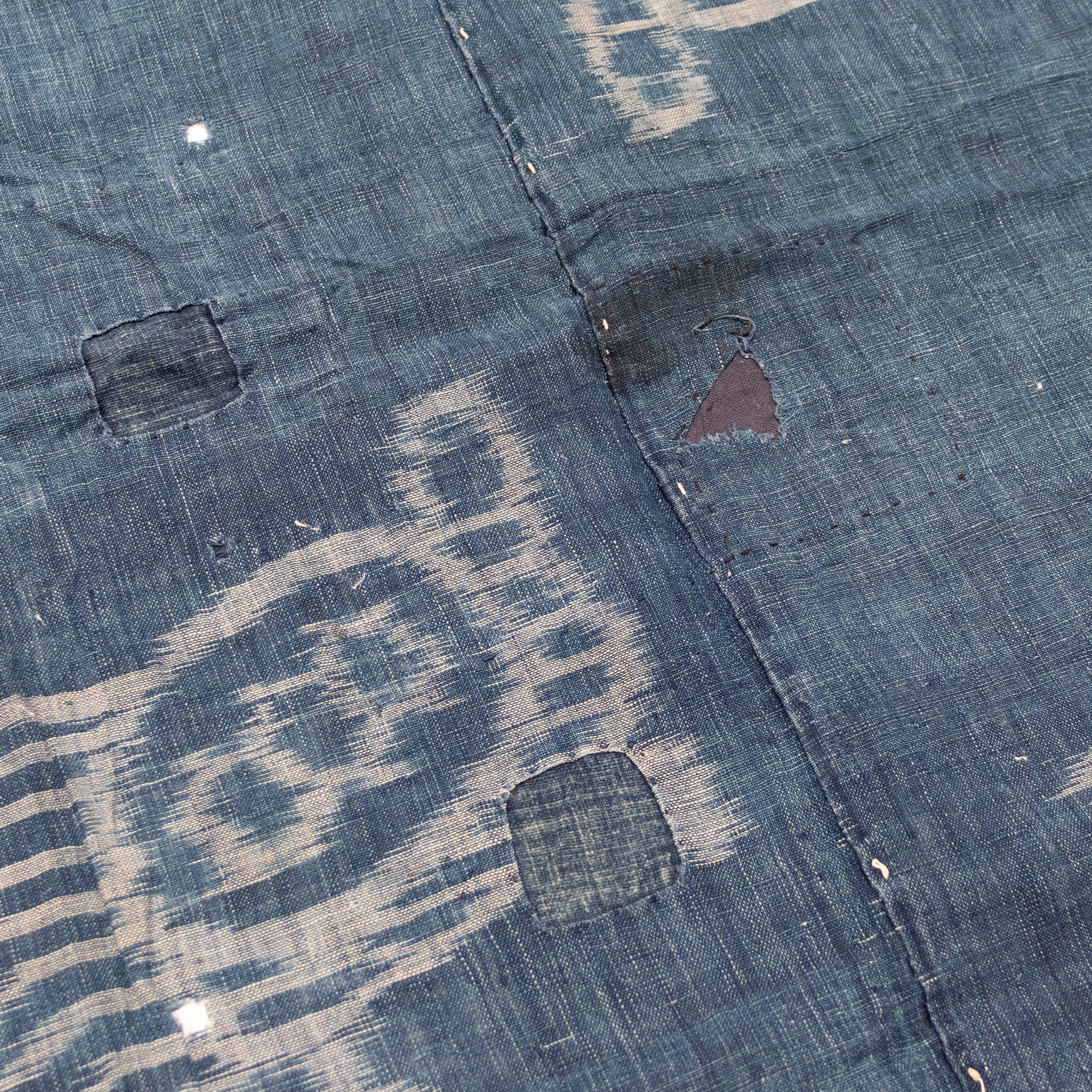 Japanese Indigo Kasuri Ikat 3 Panel Cloth with Tortise and Crane Motif