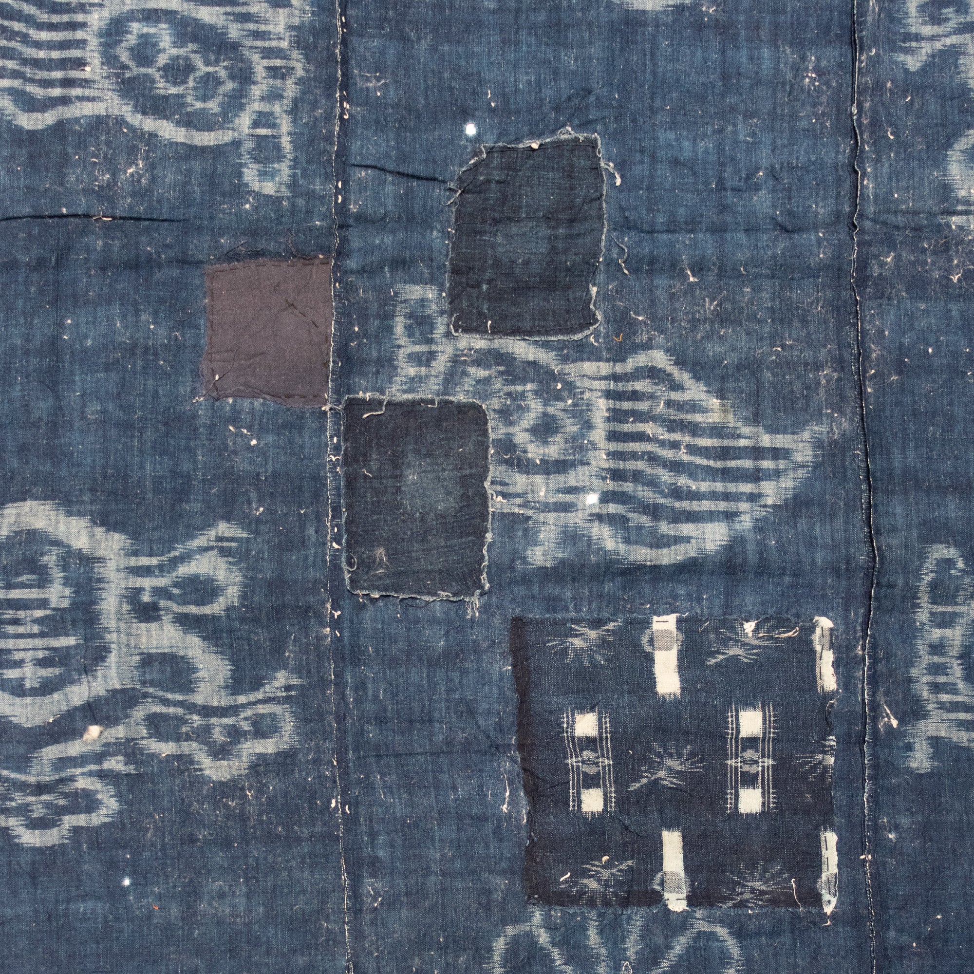 Japanese Indigo Kasuri Ikat 3 Panel Cloth with Tortise and Crane Motif