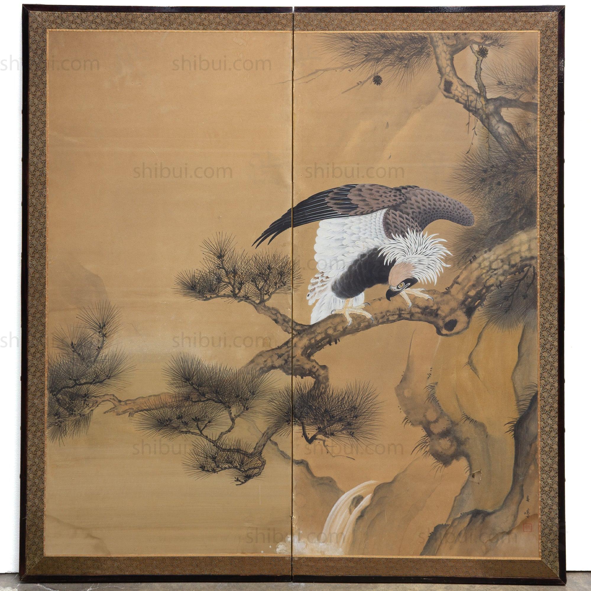 Japanese Antique Screen Panel Painting Eagle Byobu