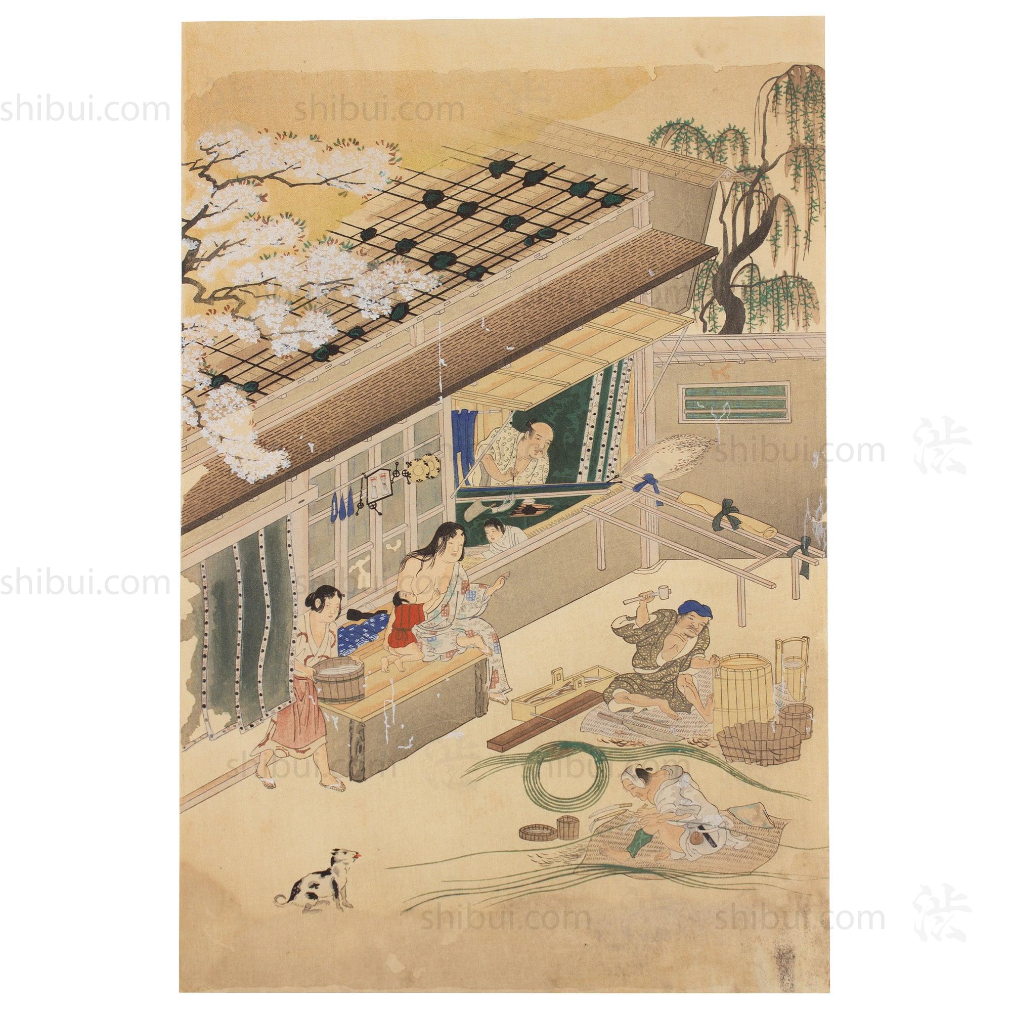 The Craftsmen's Life - Cooper & Tatami Maker | Antique Japanese Wood Block Print