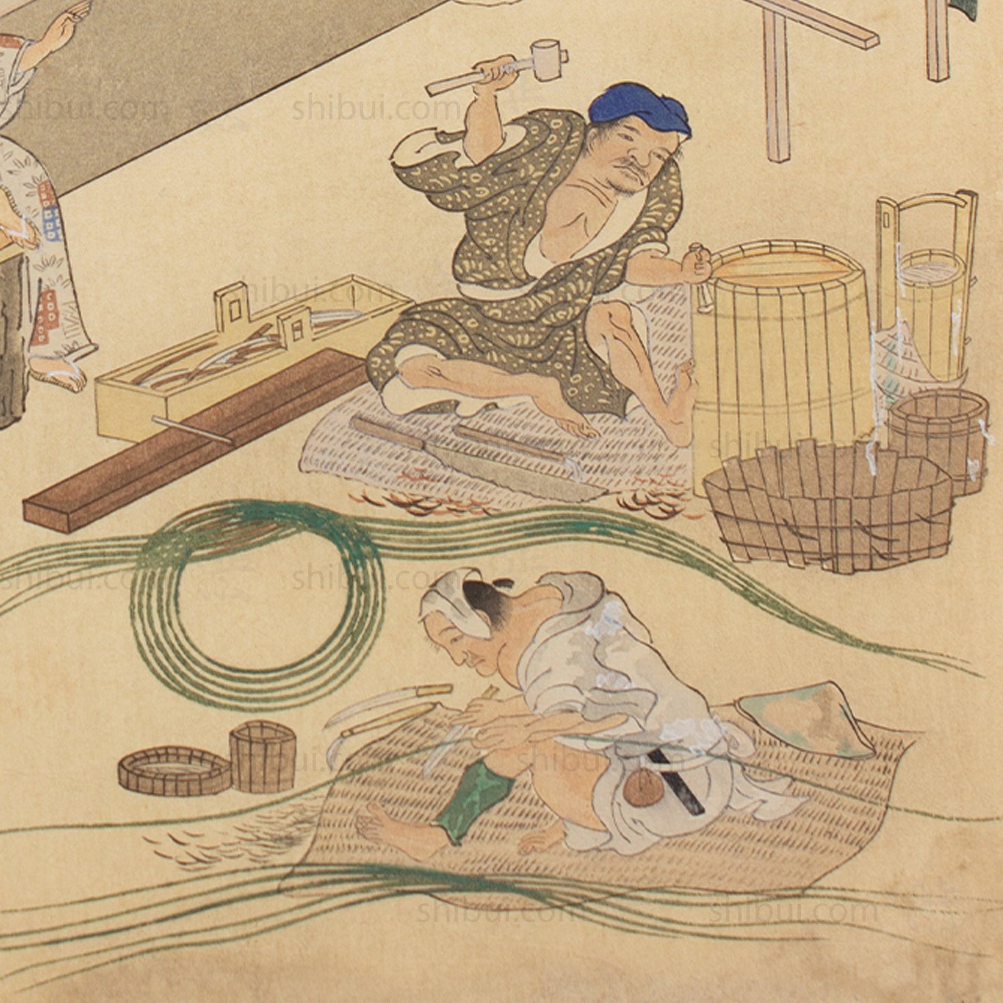 The Craftsmen's Life - Cooper & Tatami Maker | Antique Japanese Wood Block Print