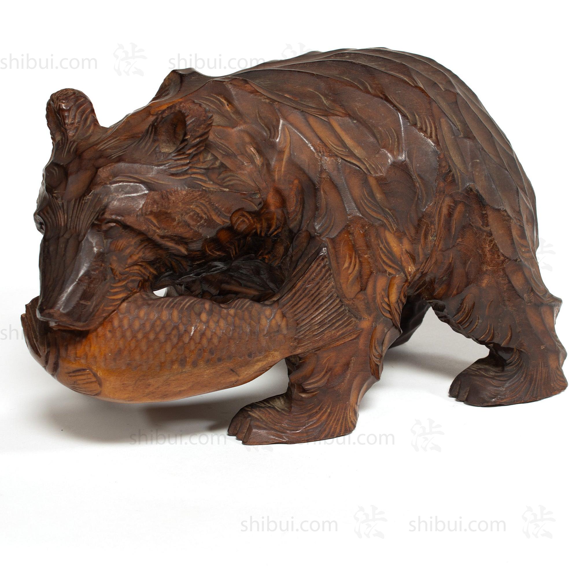 Kibori Kuma | Hand Carved Wood Bear | Japanese Hand Carved Bear with Salmon