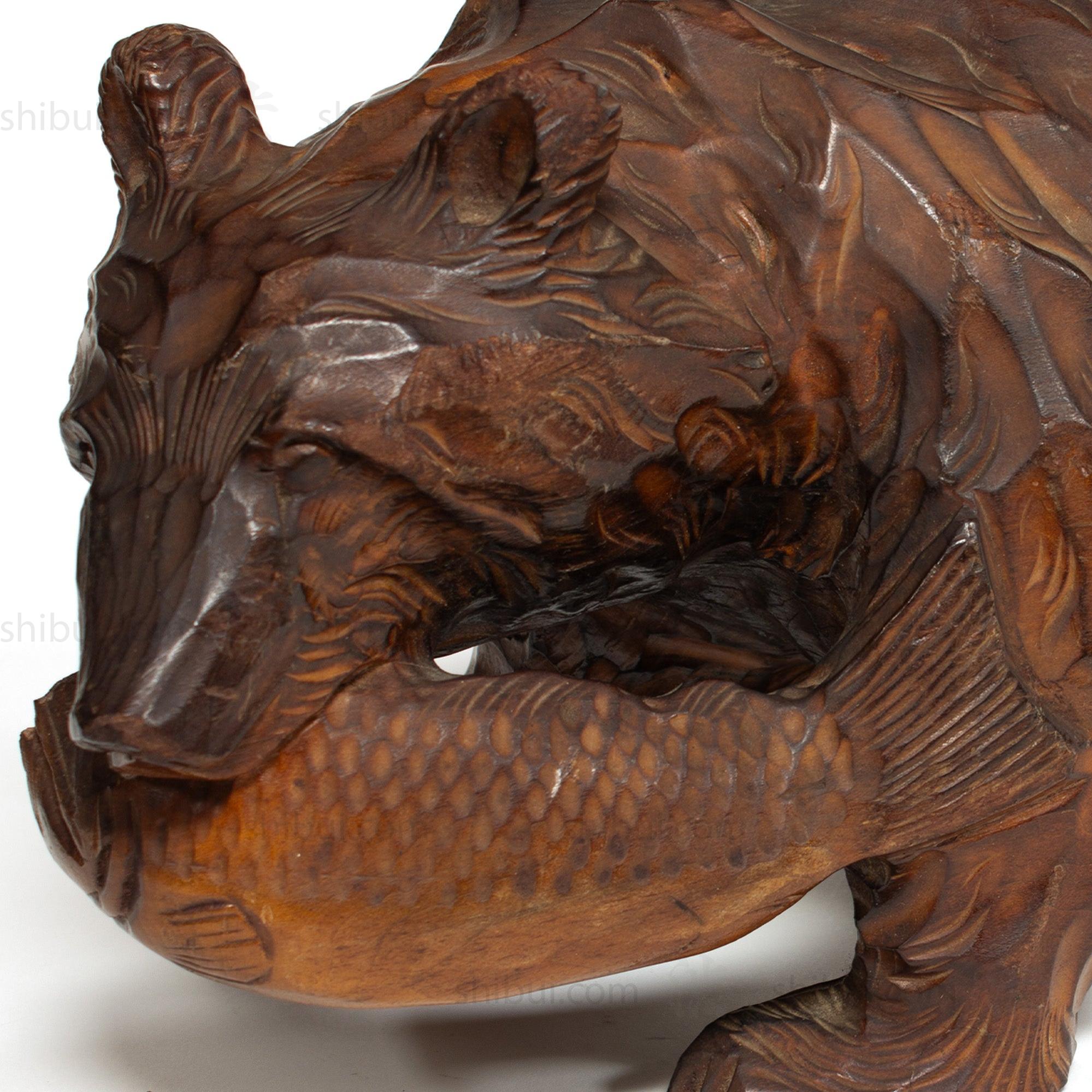 Kibori Kuma | Hand Carved Wood Bear | Japanese Hand Carved Bear with Salmon