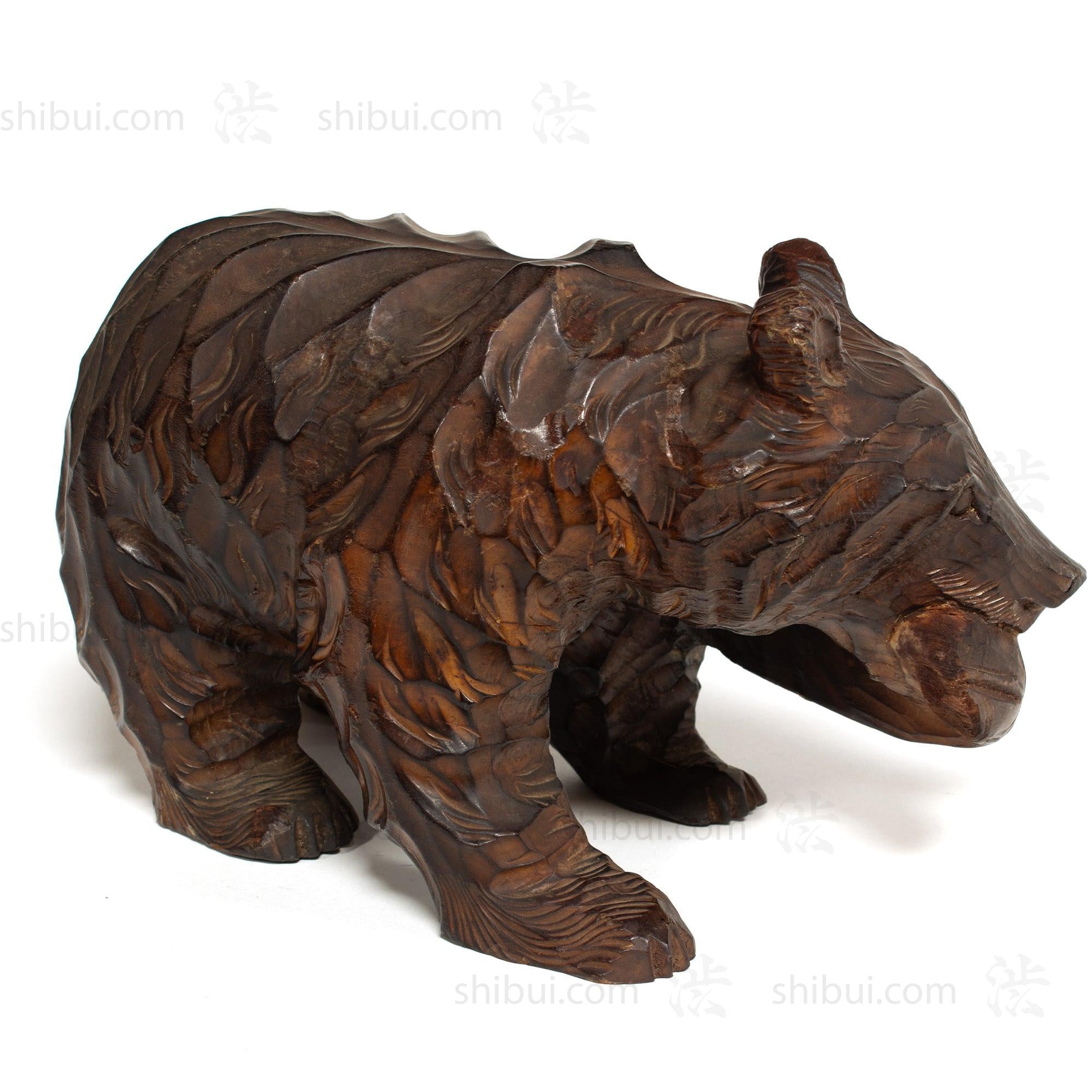 Kibori Kuma | Hand Carved Wood Bear | Japanese Hand Carved Bear with Salmon