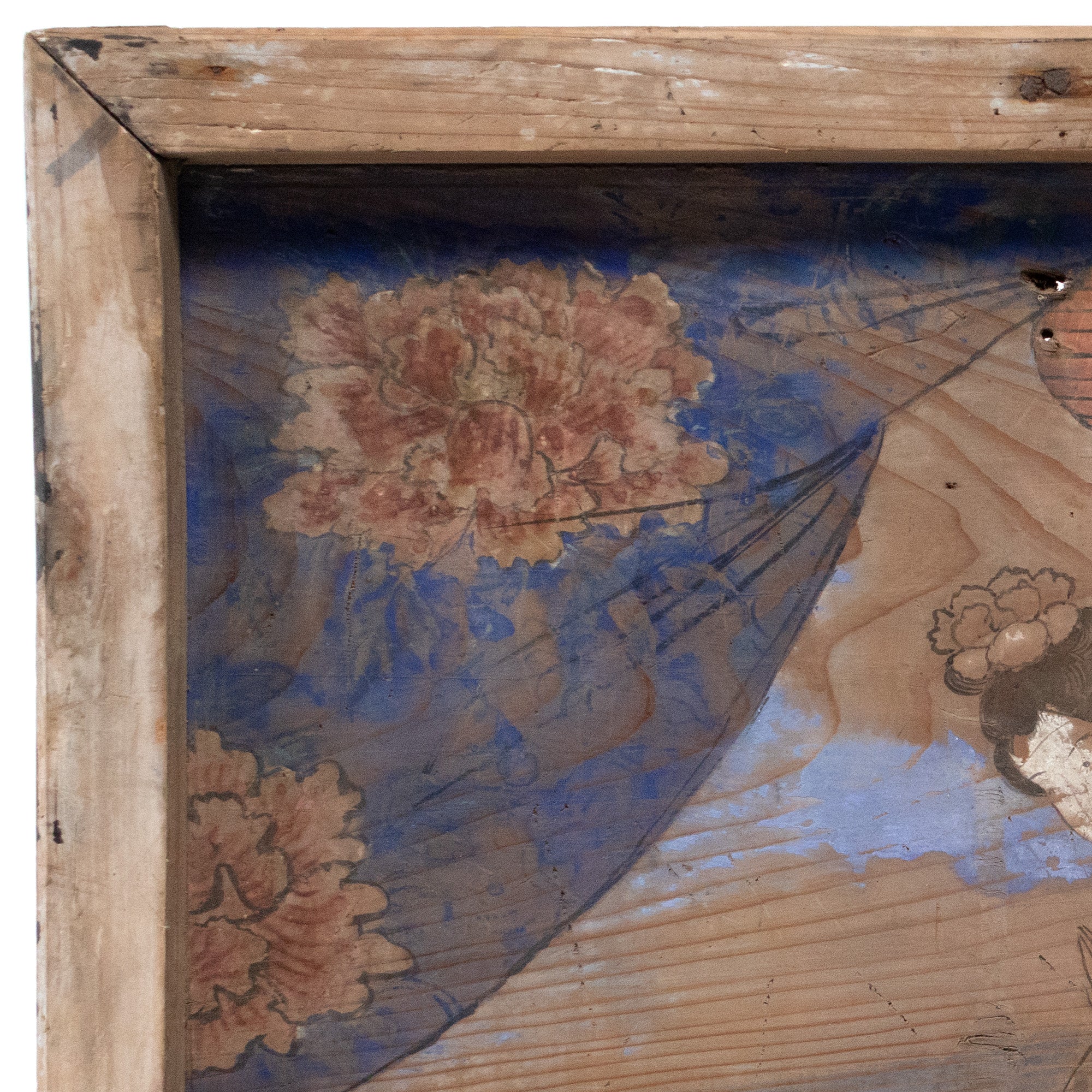 Japanese Antique Hand-painted Ema of a Praying Woman and Peony Flower Curtain