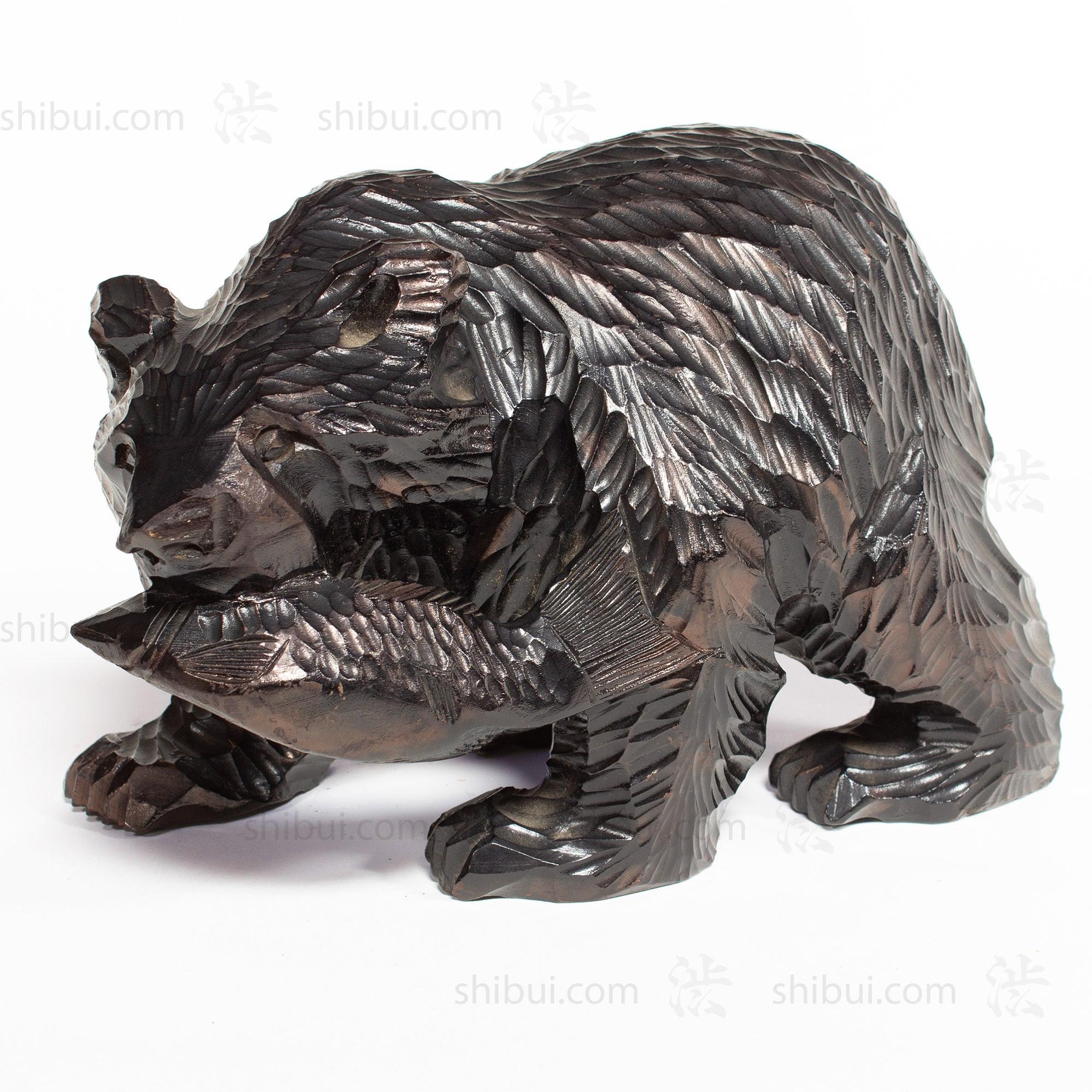 Kibori Kuma | Hand Carved Wood Bear | Japanese Hand Carved Bear with Salmon