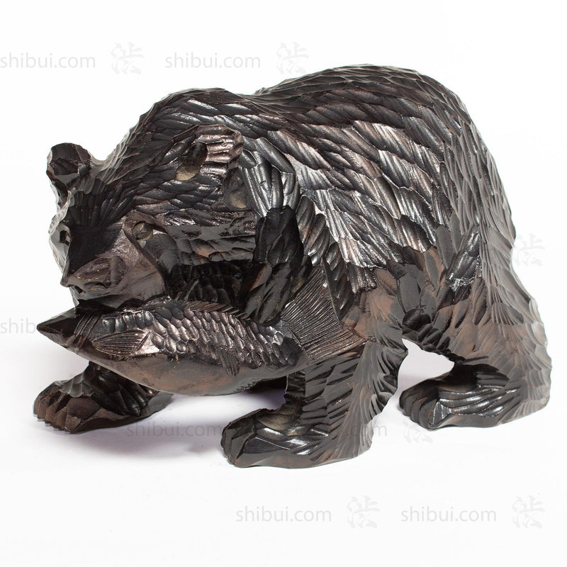 Kibori Kuma | Hand Carved Wood Bear | Japanese Hand Carved Bear with Salmon