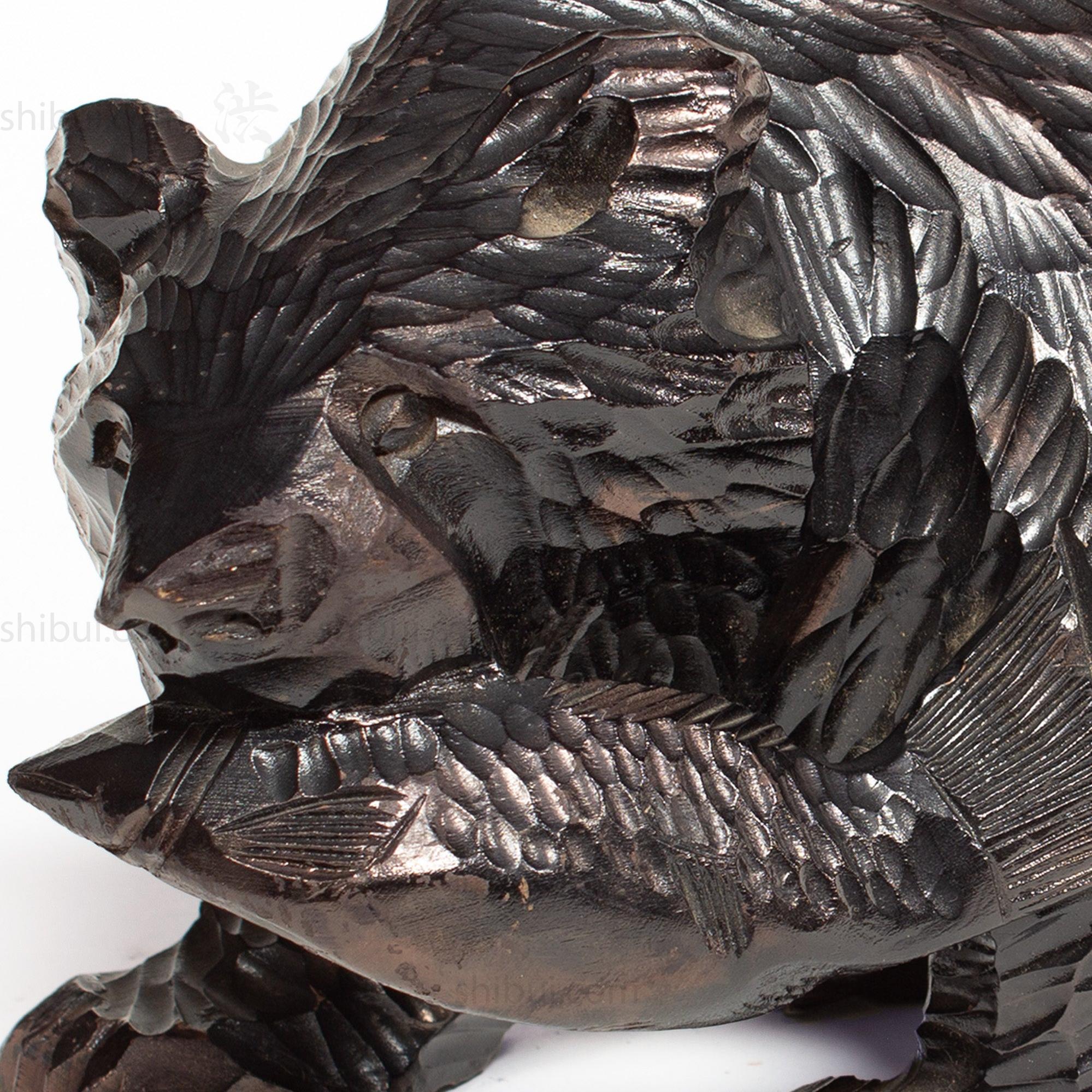 Kibori Kuma | Hand Carved Wood Bear | Japanese Hand Carved Bear with Salmon