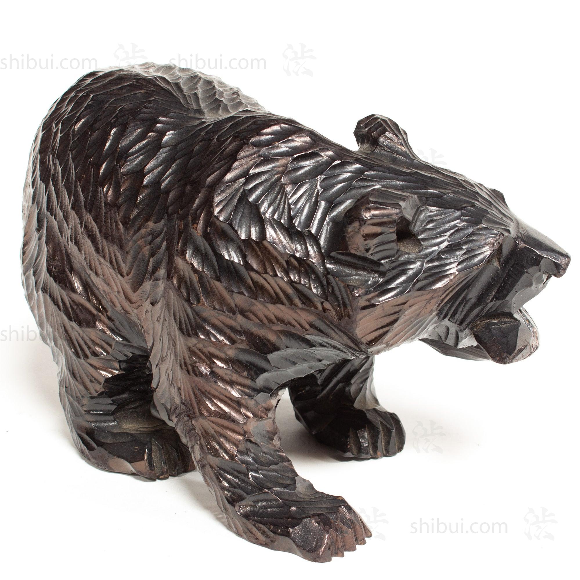 Kibori Kuma | Hand Carved Wood Bear | Japanese Hand Carved Bear with Salmon