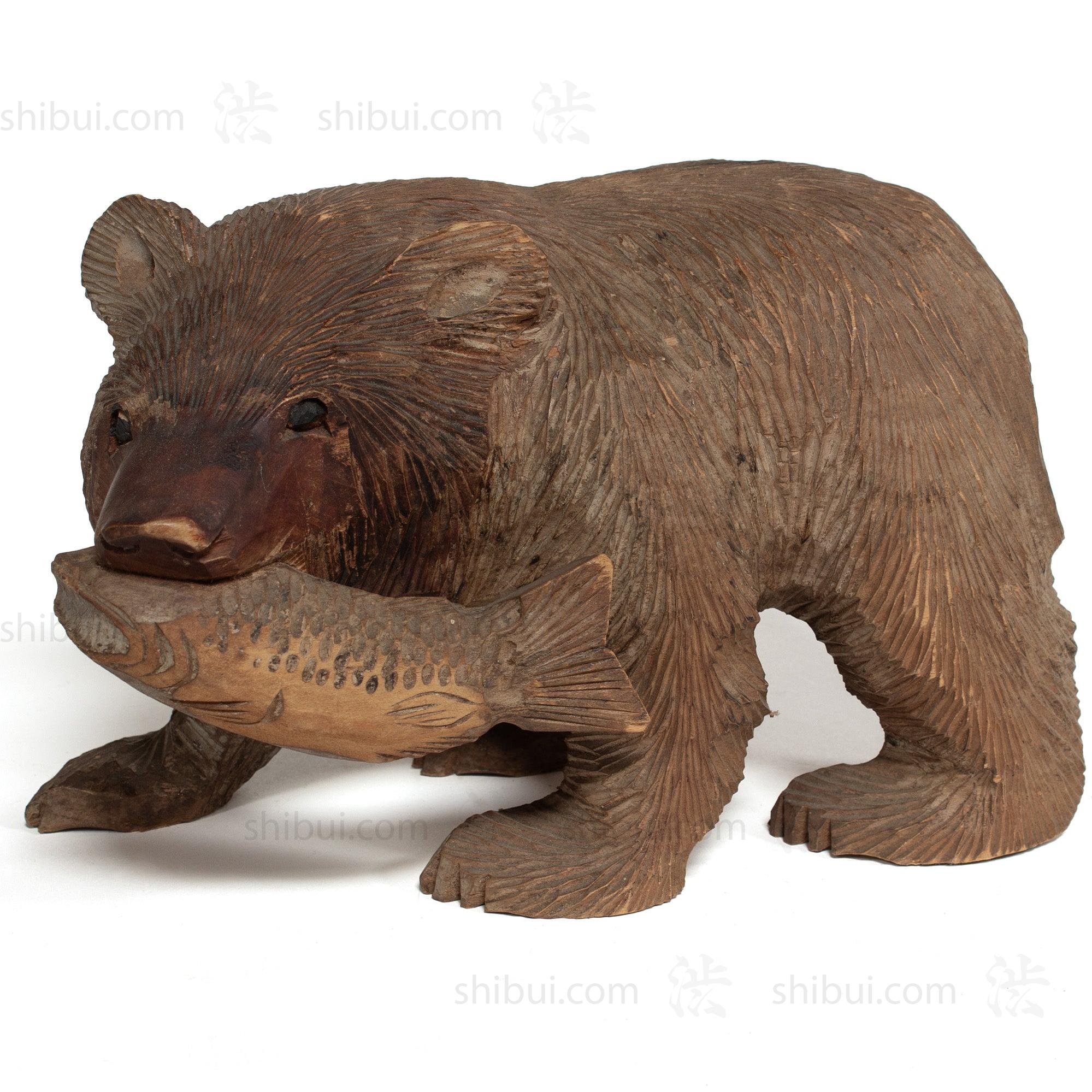 Kibori Kuma | Hand Carved Wood Bear | Japanese Hand Carved Bear with Salmon