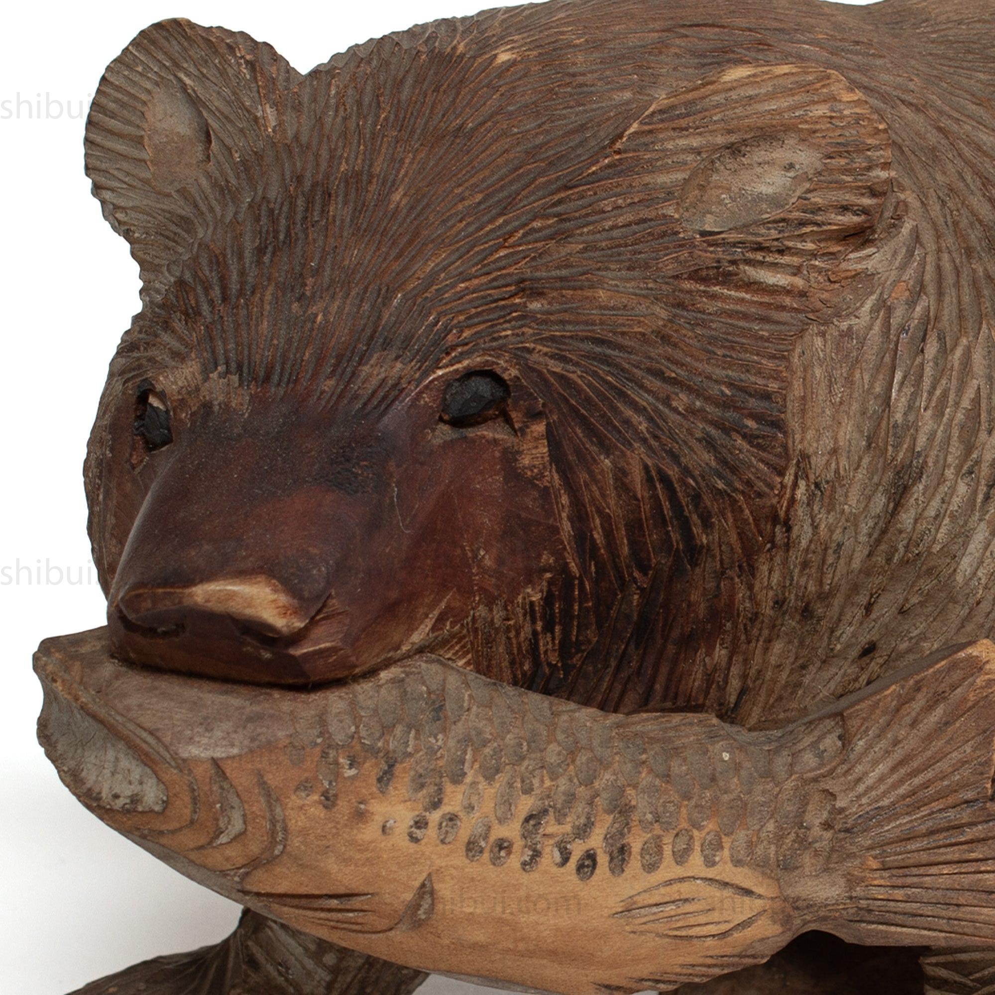 Kibori Kuma | Hand Carved Wood Bear | Japanese Hand Carved Bear with Salmon