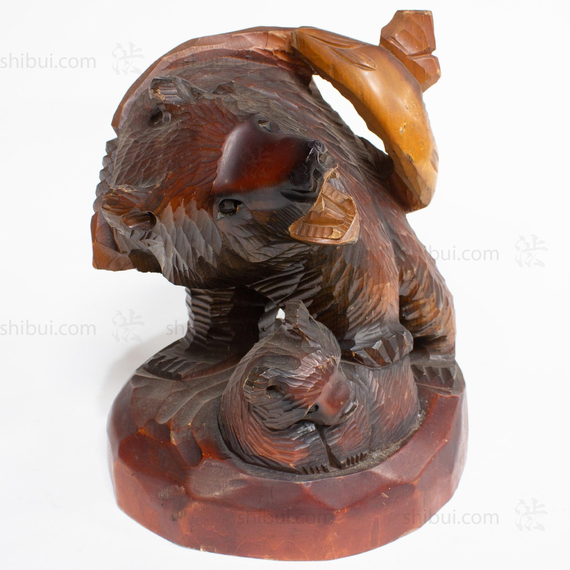 Kibori Kuma | Hand Carved Wood Bear | Japanese Hand Carved Bear with Salmon and Fishing Pole