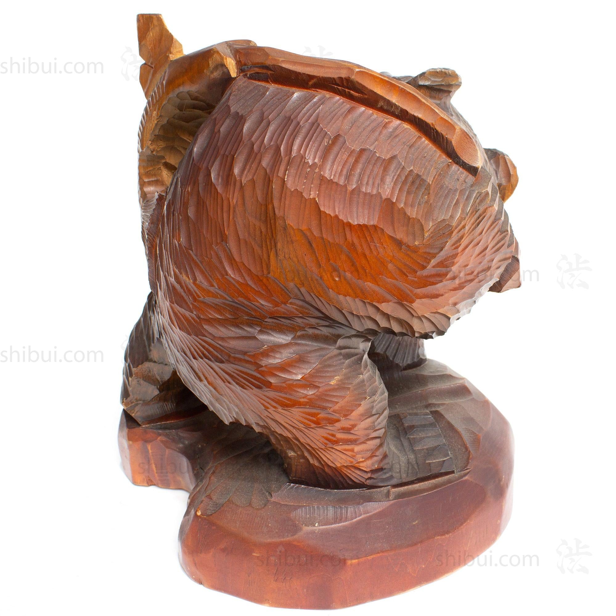 Kibori Kuma | Hand Carved Wood Bear | Japanese Hand Carved Bear with Salmon and Fishing Pole