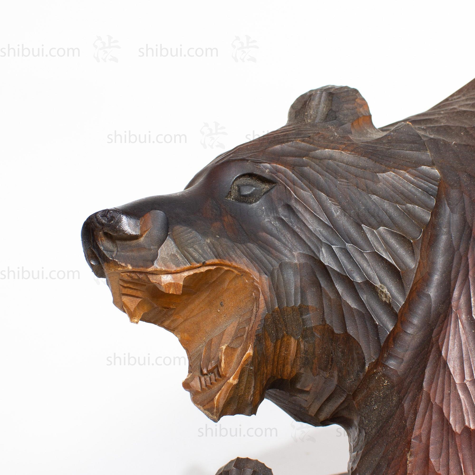 Kibori Kuma | Hand Carved Wood Bear | Japanese Hand Carved Bear with Salmon and Fishing Pole