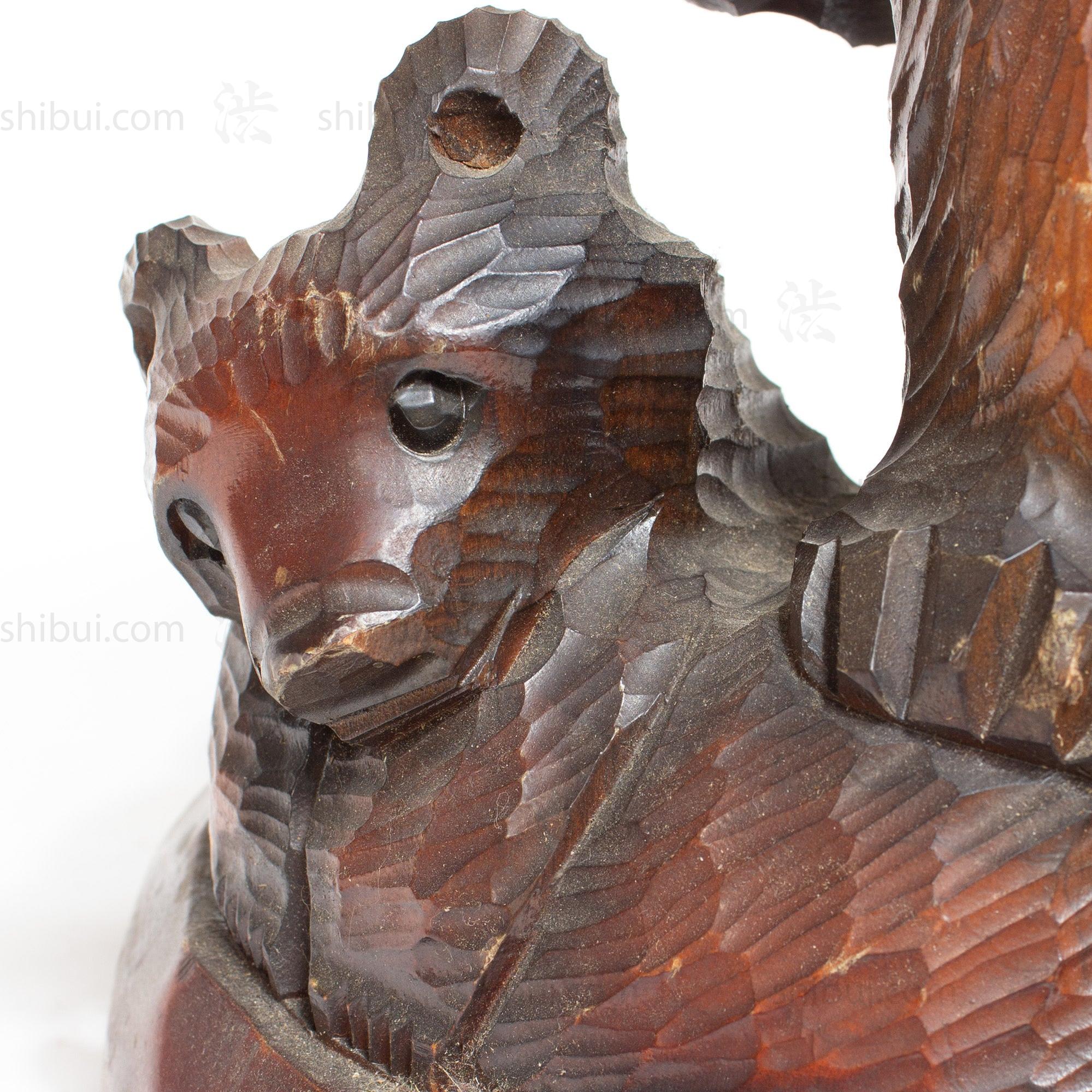 Kibori Kuma | Hand Carved Wood Bear | Japanese Hand Carved Bear with Salmon and Fishing Pole