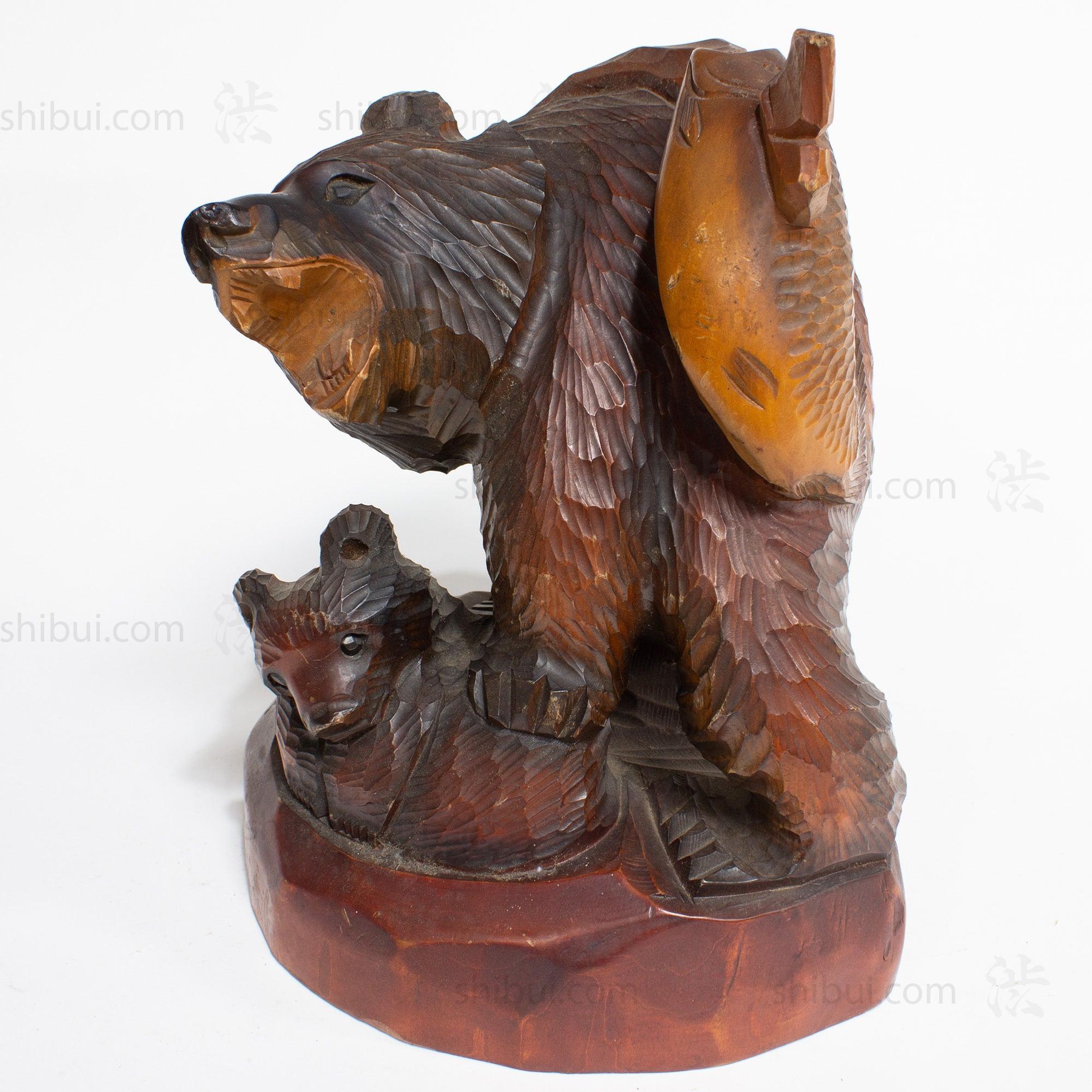 Kibori Kuma | Hand Carved Wood Bear | Japanese Hand Carved Bear with Salmon and Fishing Pole