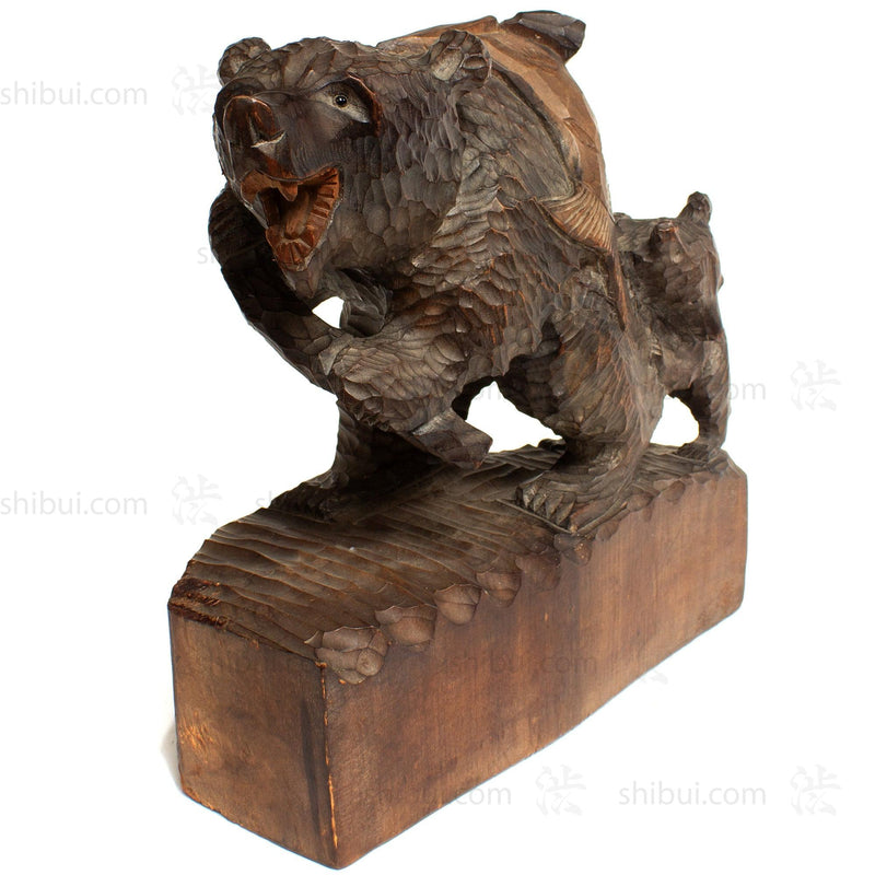 Kibori Kuma | Hand Carved Wood Bear | Japanese Hand Carved Bear with Salmon and Fishing Pole