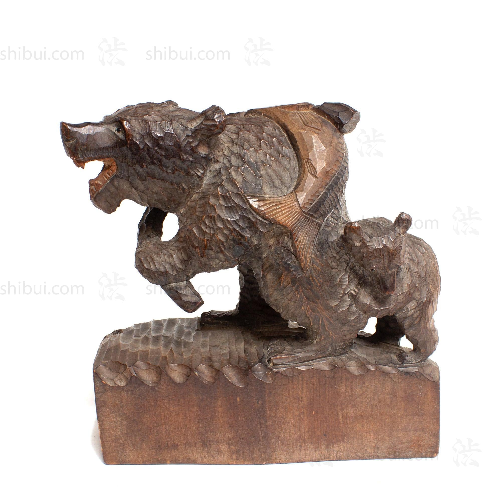 Kibori Kuma | Hand Carved Wood Bear | Japanese Hand Carved Bear with Salmon and Fishing Pole