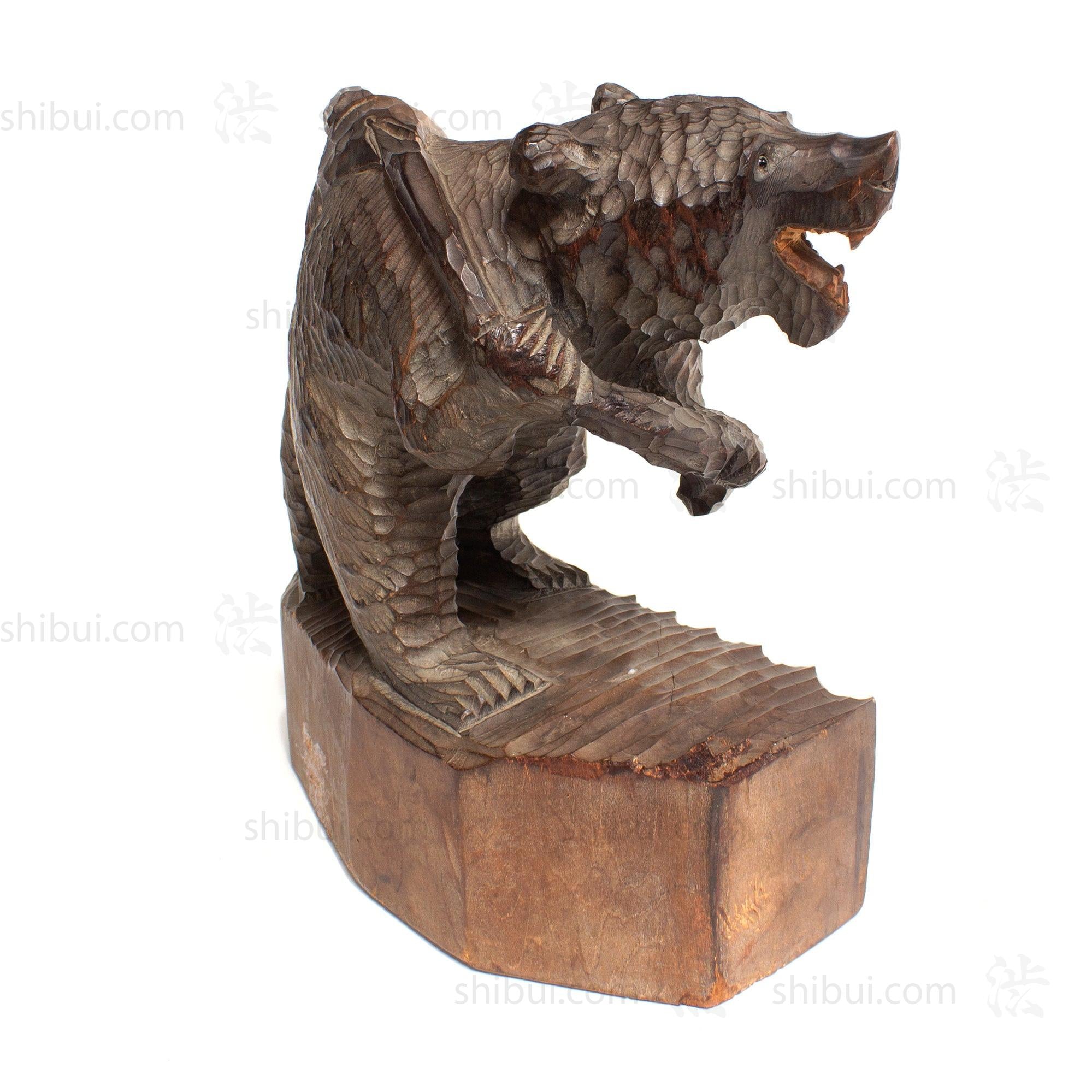 Kibori Kuma | Hand Carved Wood Bear | Japanese Hand Carved Bear with Salmon and Fishing Pole