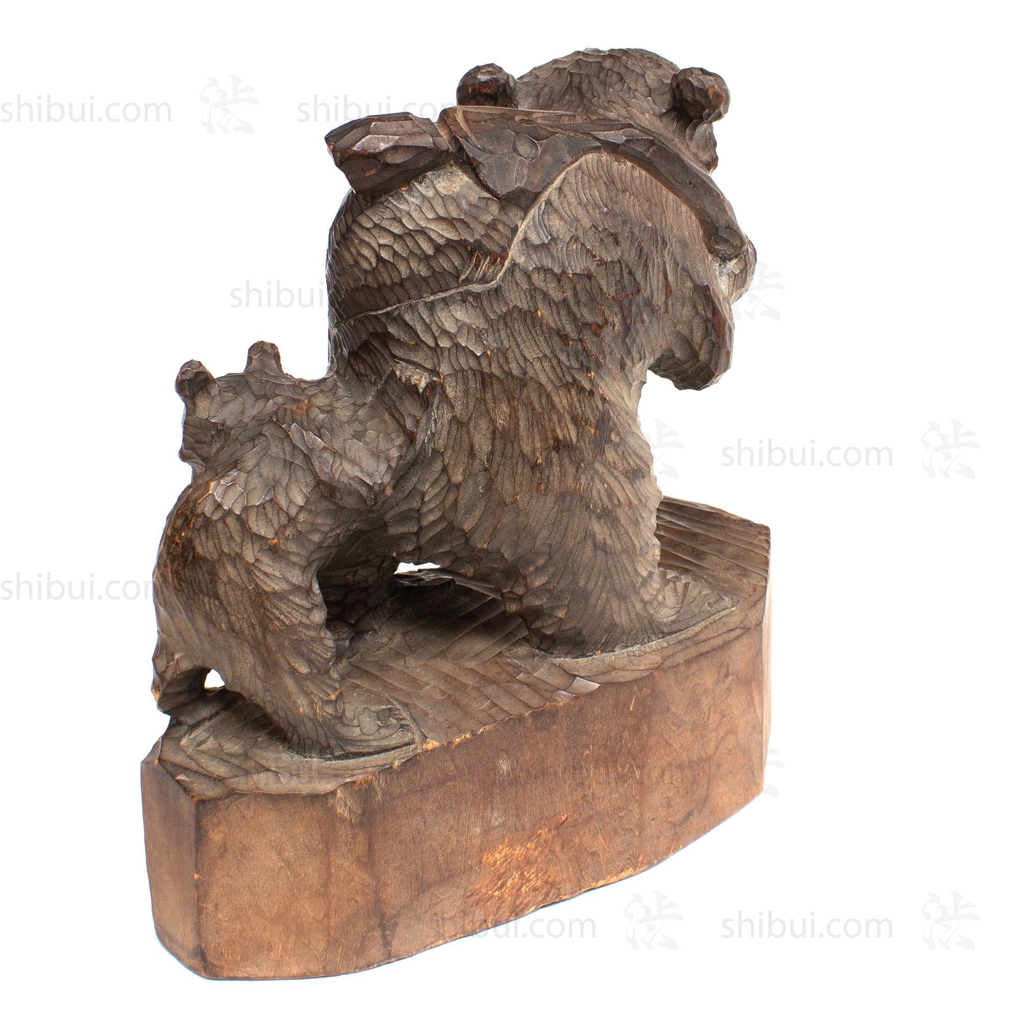 Kibori Kuma | Hand Carved Wood Bear | Japanese Hand Carved Bear with Salmon and Fishing Pole