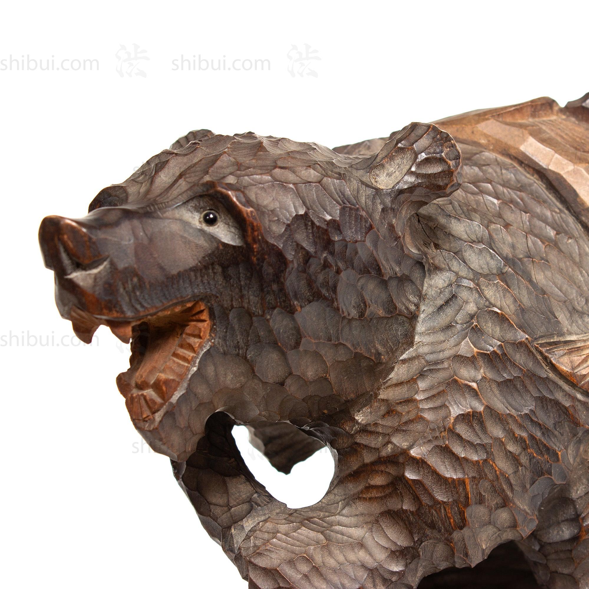 Kibori Kuma | Hand Carved Wood Bear | Japanese Hand Carved Bear with Salmon and Fishing Pole