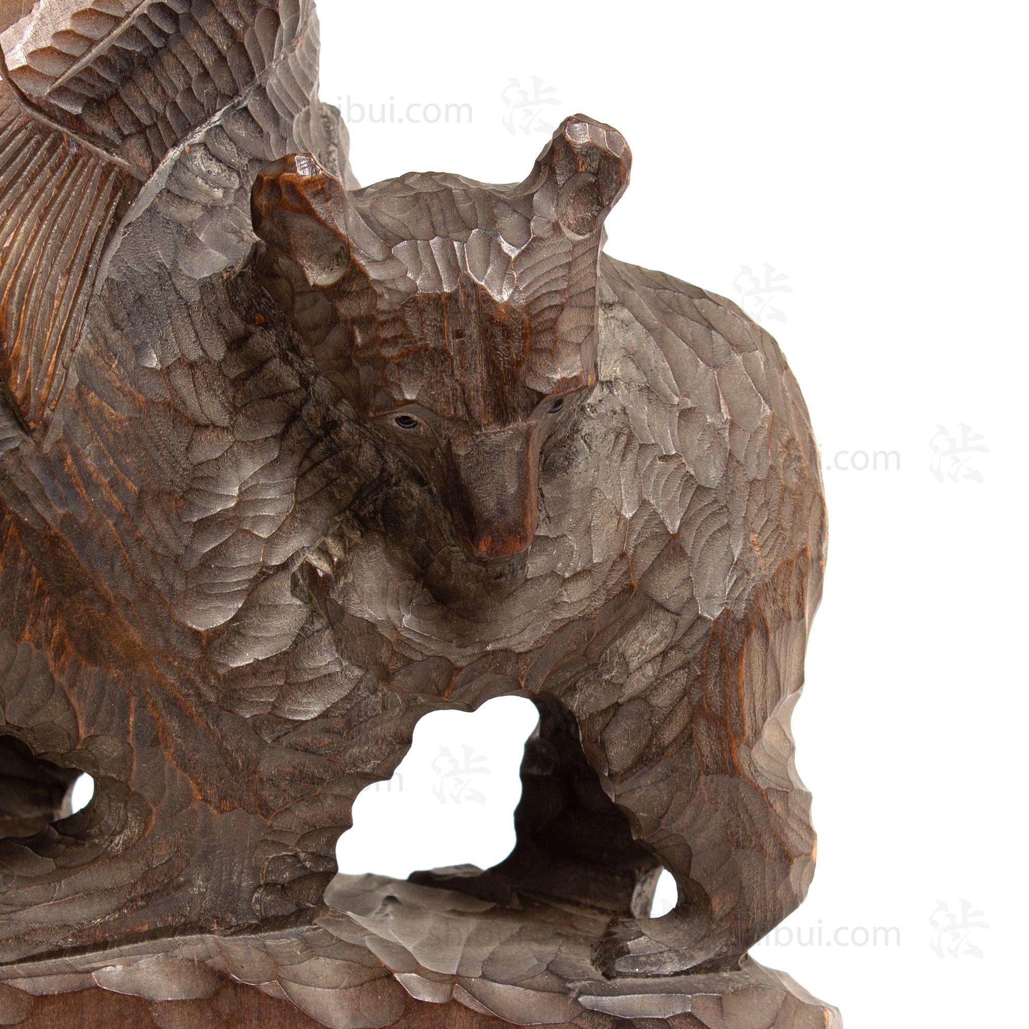 Kibori Kuma | Hand Carved Wood Bear | Japanese Hand Carved Bear with Salmon and Fishing Pole