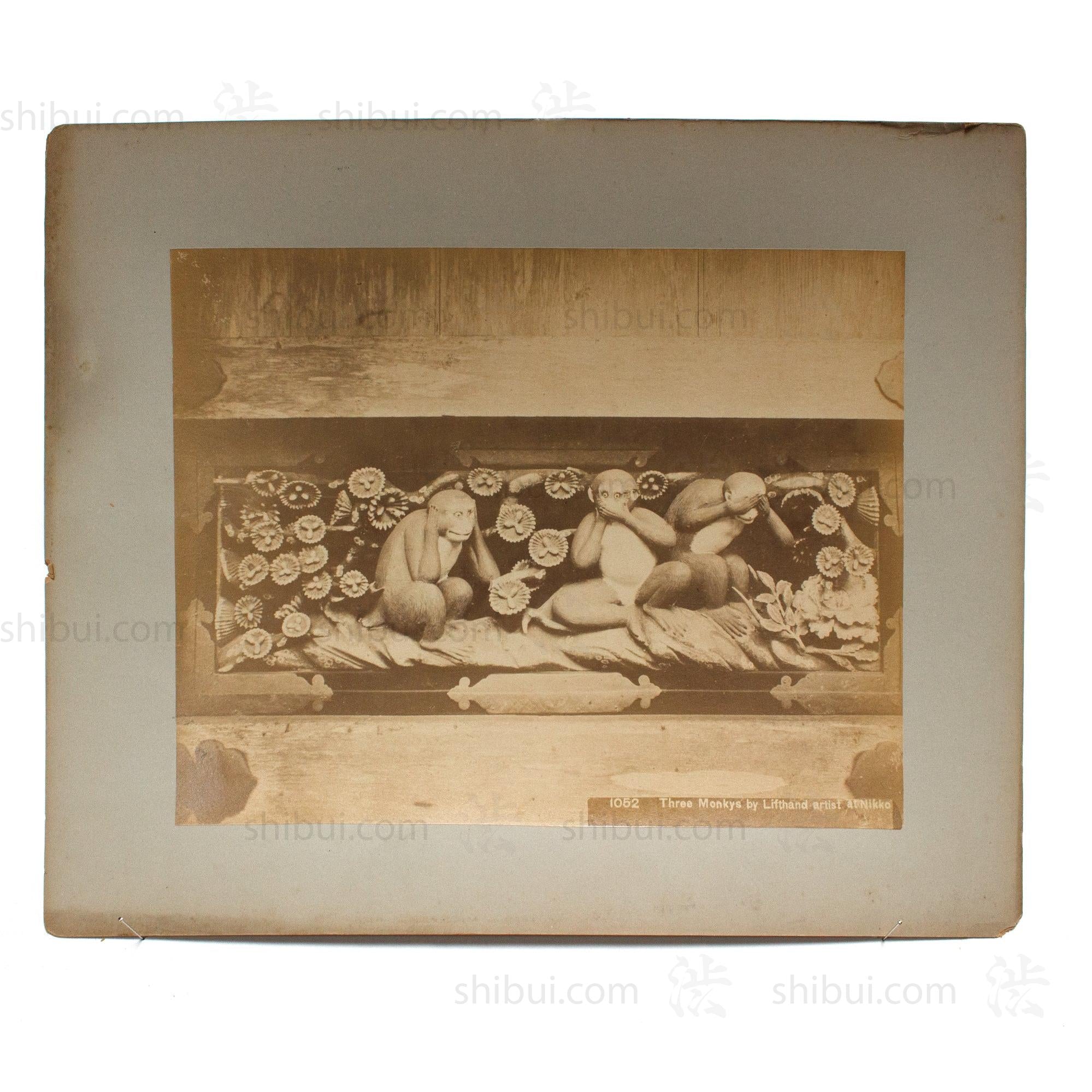 Antique Japanese Albumen Photo of Three Wise Monkeys in Toshogu Temple