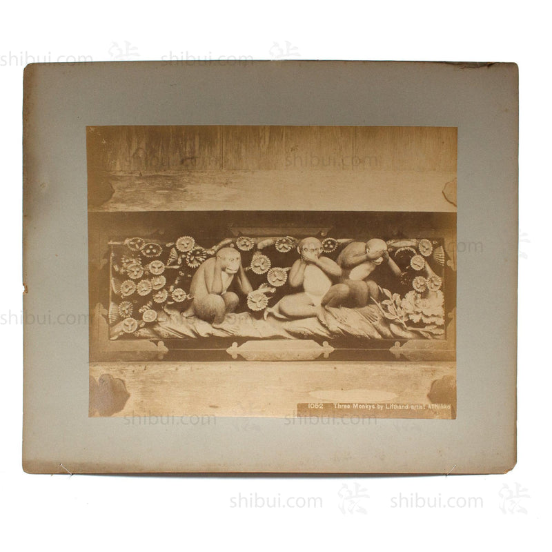 Antique Japanese Albumen Photo of Three Wise Monkeys in Toshogu Temple