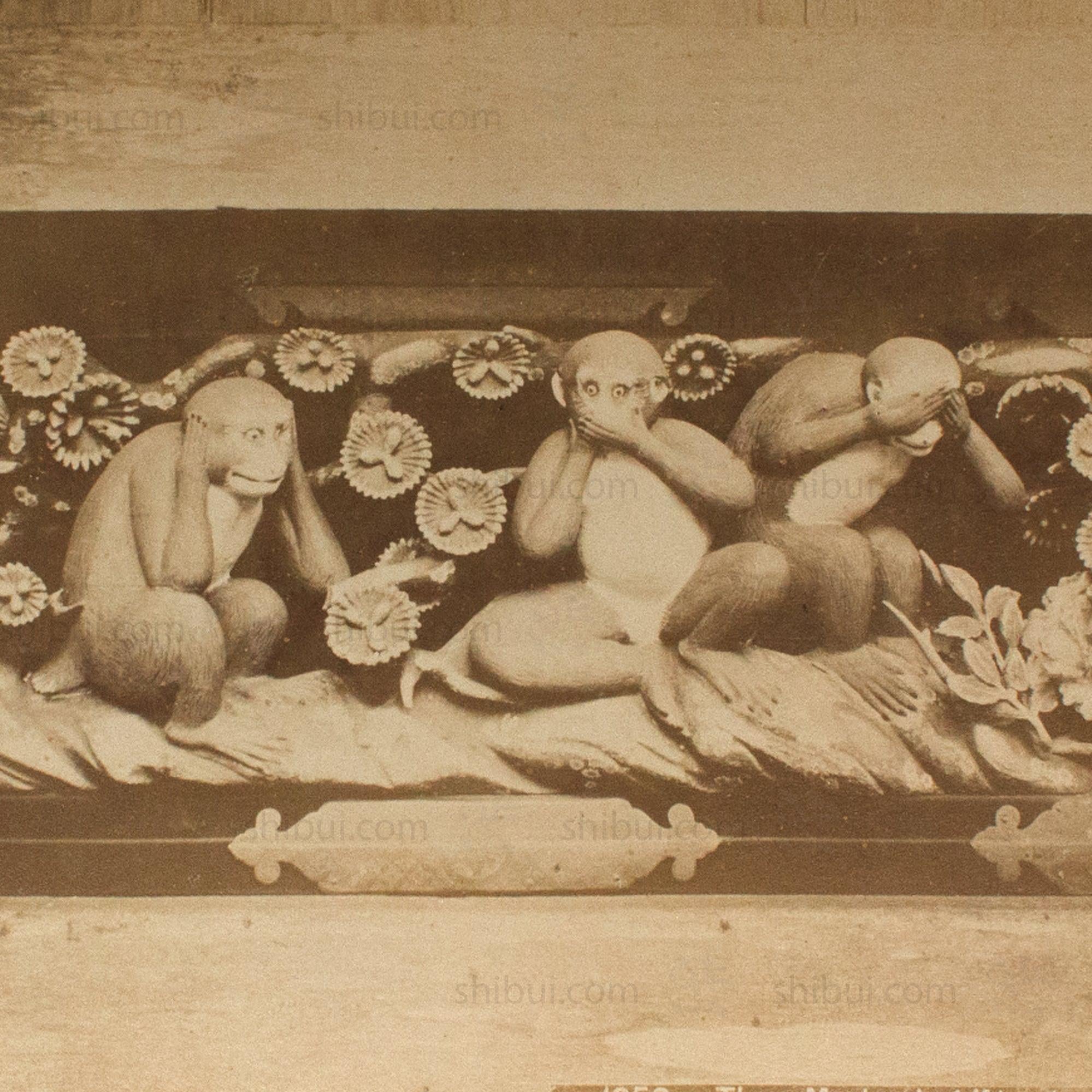 Antique Japanese Albumen Photo of Three Wise Monkeys in Toshogu Temple