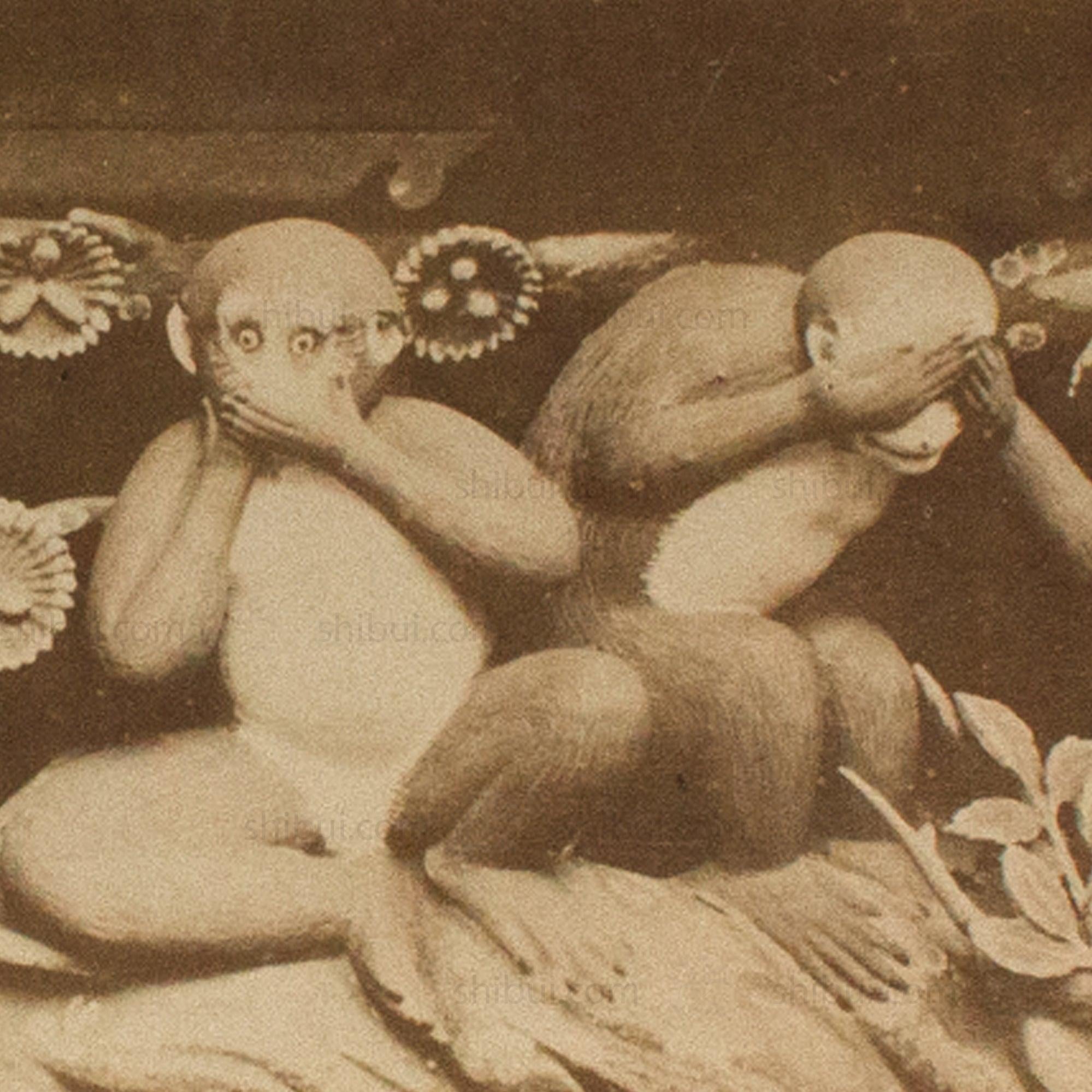 Antique Japanese Albumen Photo of Three Wise Monkeys in Toshogu Temple