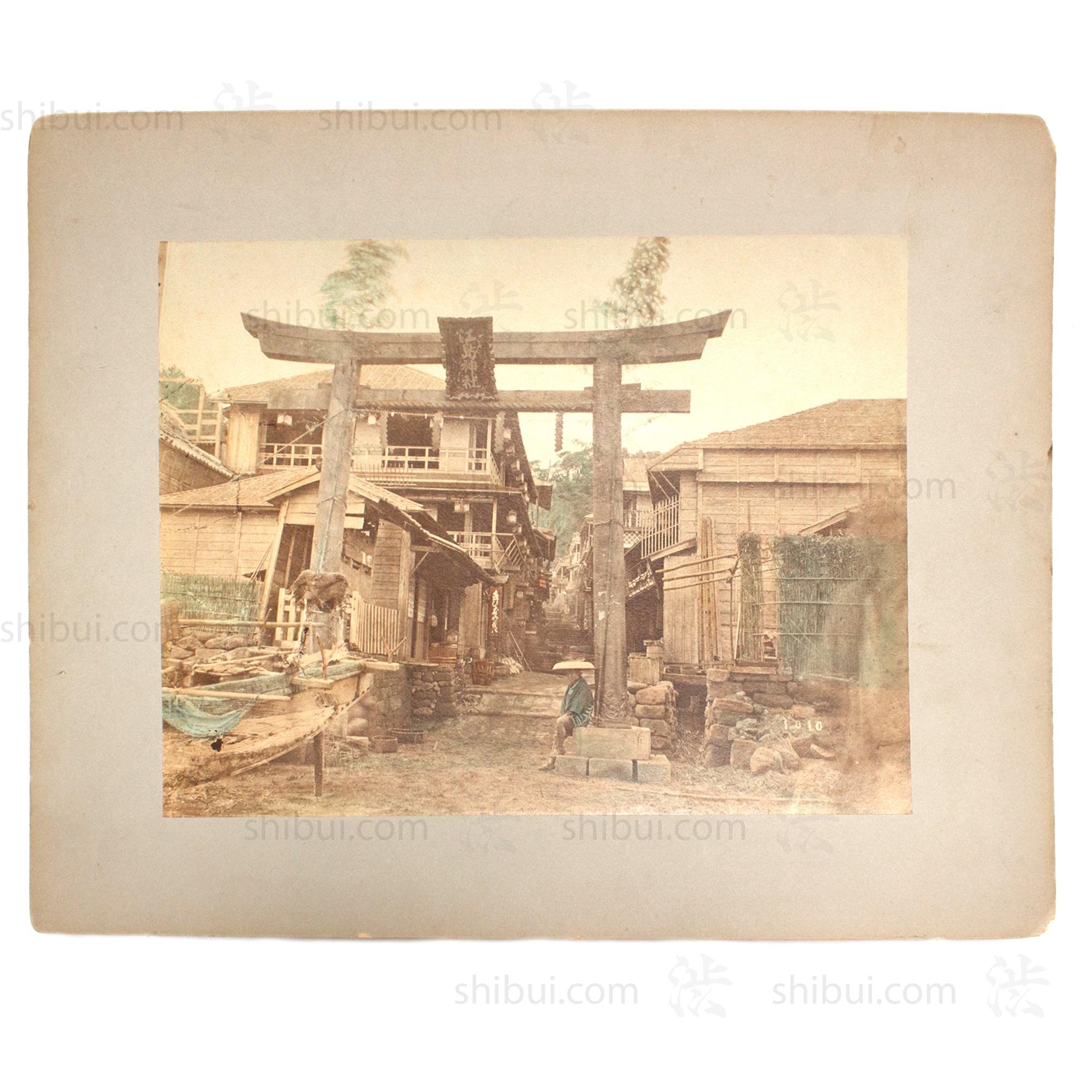 Hand Tinted Antique Japanese Albumen Photo of Torii Gate