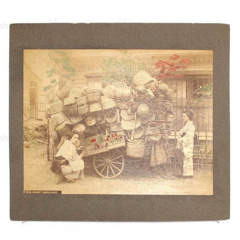 Hand-tinted Meiji Era Photograph | Basket Merchant | Japanese Antique Photography | Albumen Photography | Japanese Decor