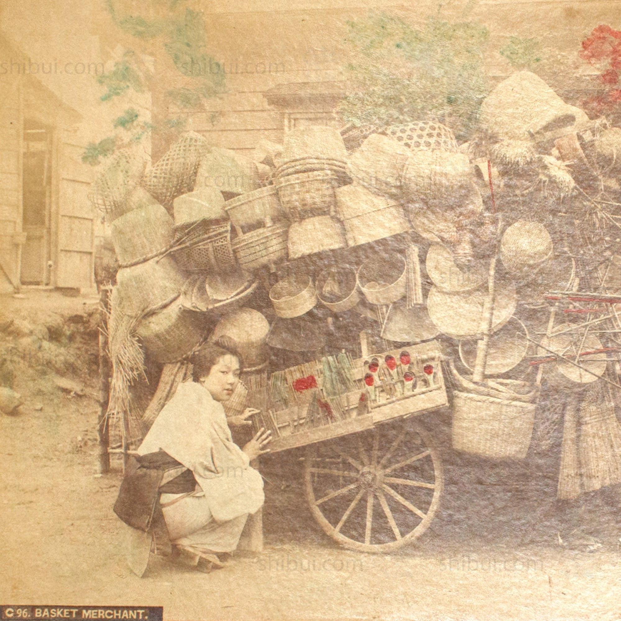 Hand-tinted Meiji Era Photograph | Basket Merchant | Japanese Antique Photography | Albumen Photography | Japanese Decor