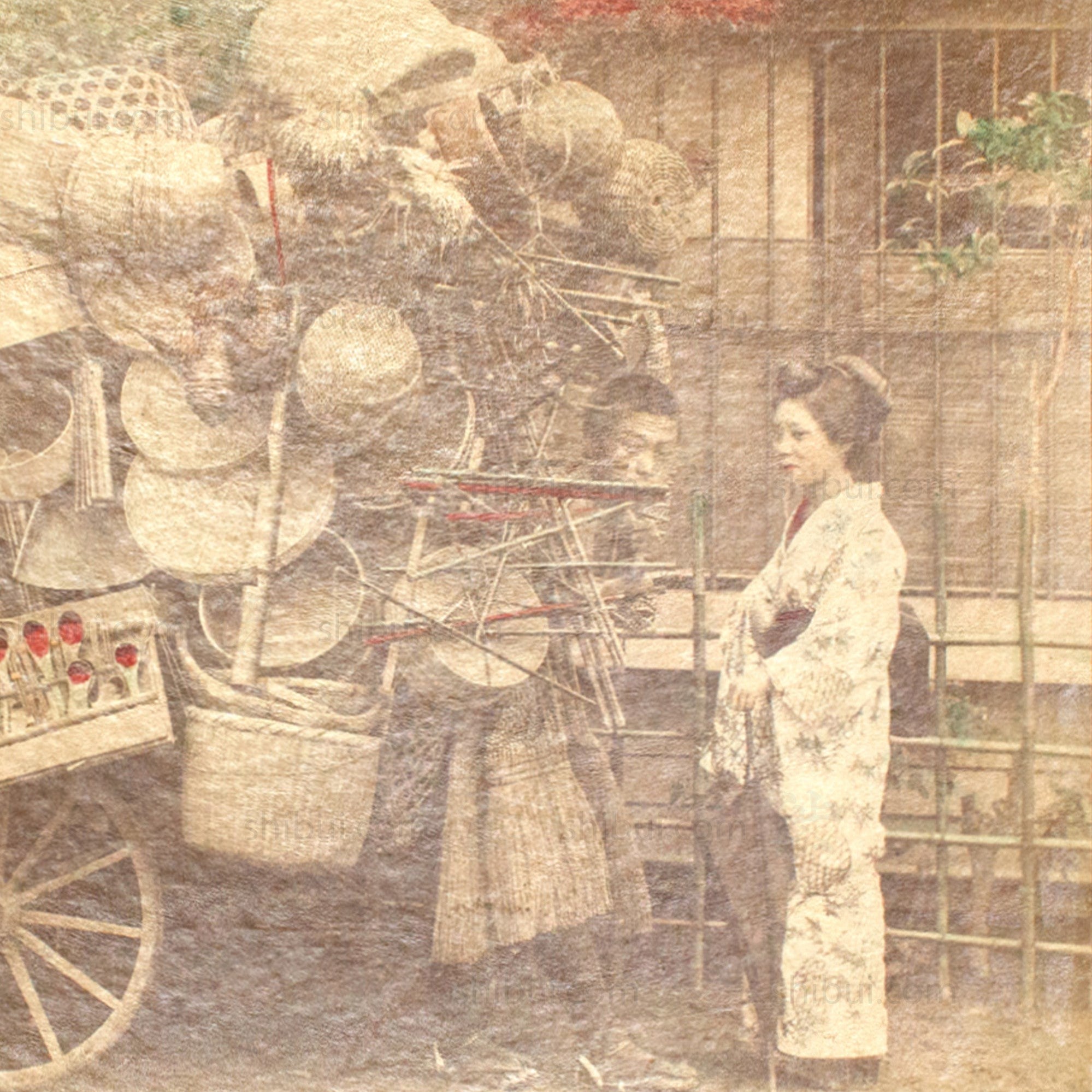 Hand-tinted Meiji Era Photograph | Basket Merchant | Japanese Antique Photography | Albumen Photography | Japanese Decor