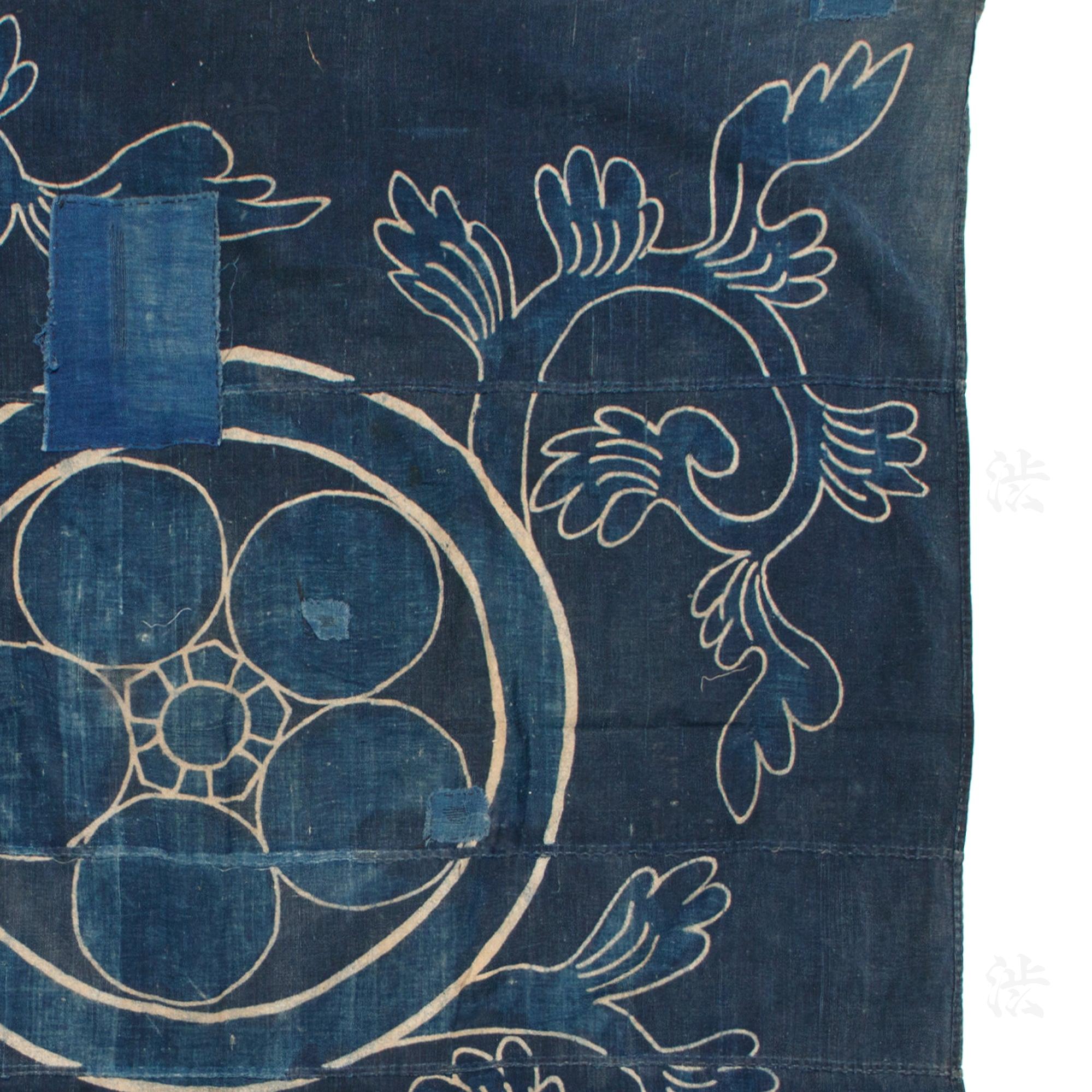 Japanese Tsutsugaki Indigo Furoshiki with Mon Family Crest Motif