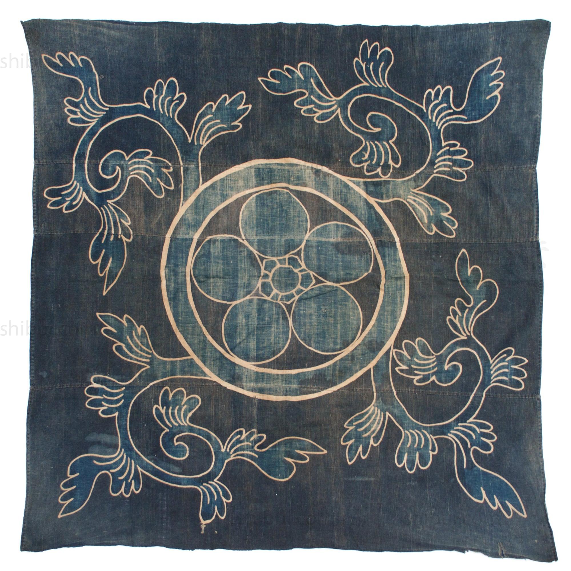 Japanese Tsutsugaki Indigo Furoshiki with Mon Family Crest Motif