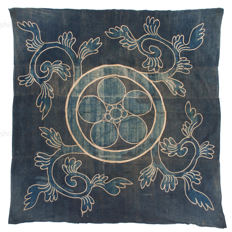 Japanese Tsutsugaki Indigo Furoshiki with Mon Family Crest Motif