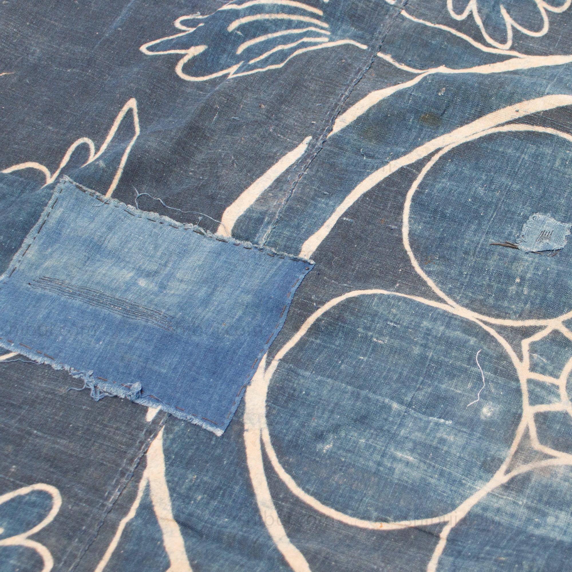 Japanese Tsutsugaki Indigo Furoshiki with Mon Family Crest Motif
