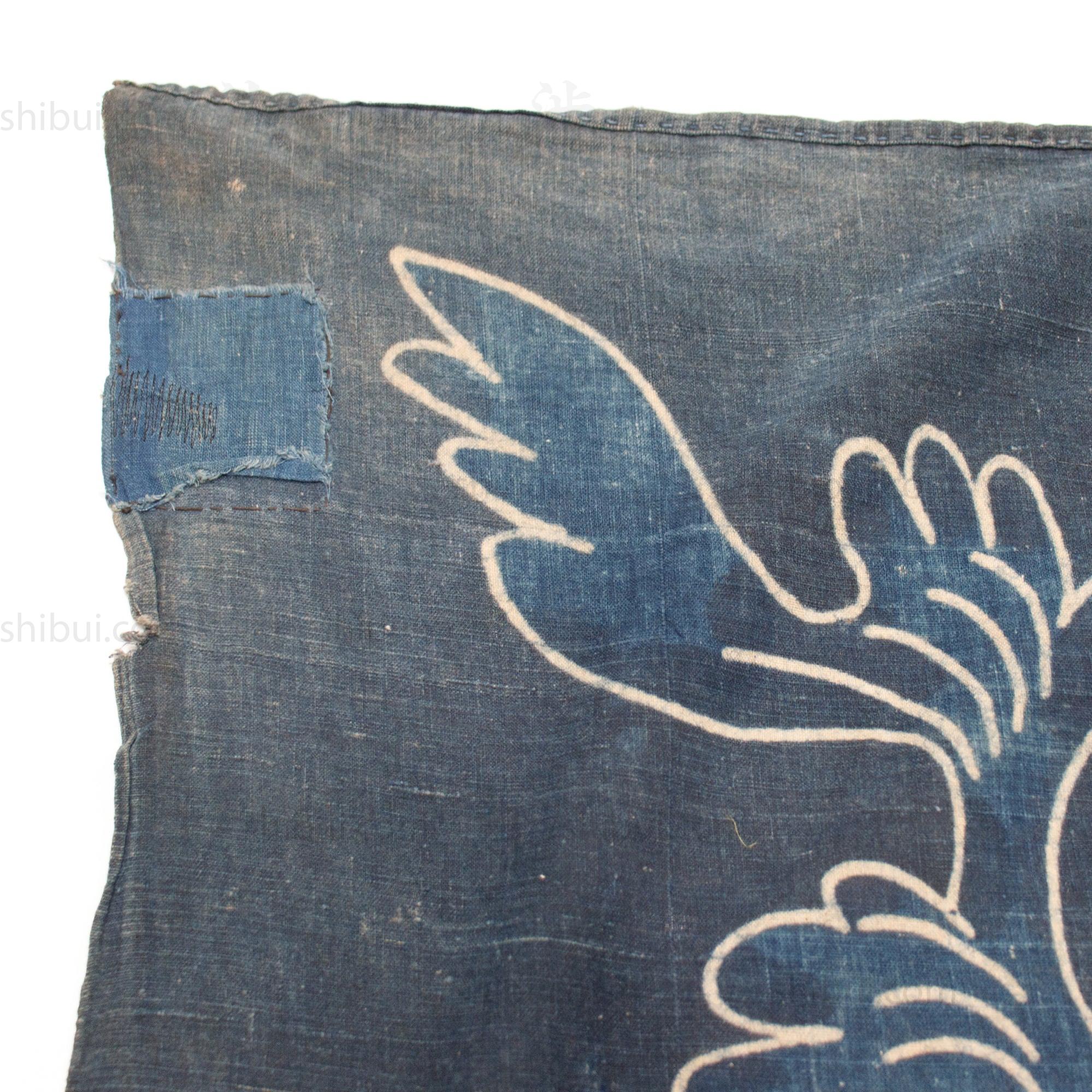 Japanese Tsutsugaki Indigo Furoshiki with Mon Family Crest Motif