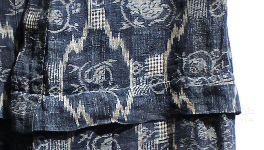 Japanese Antique (Late 19th Century) Children's Kasuri Kimono | Child's Robe | Daikoku Motif | Hand-Sewn Indigo Resist Dyed Linen | Japanese Ikat | Detail