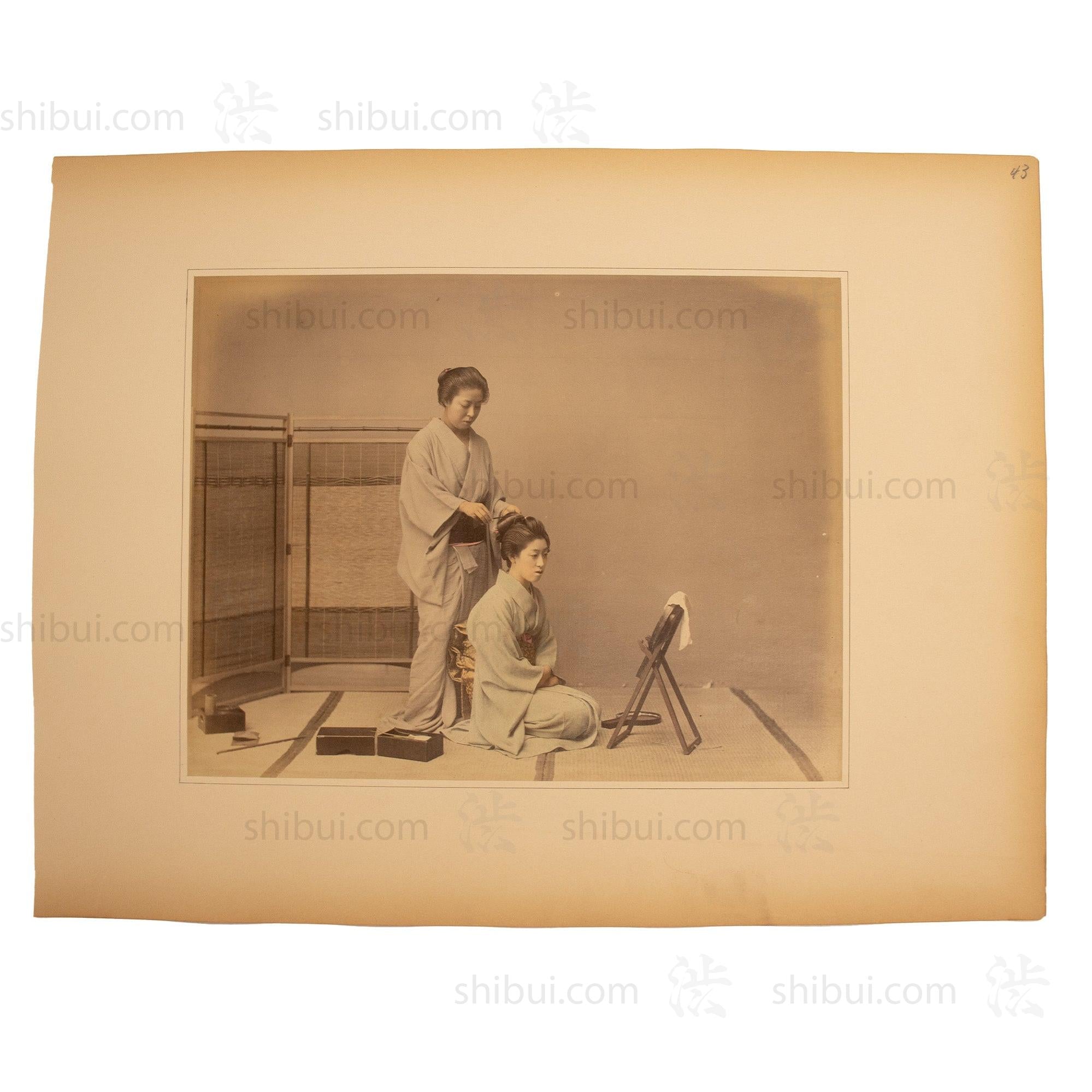 Japanese Antique Hand Tinted Albumen Photo of Hair Dressing